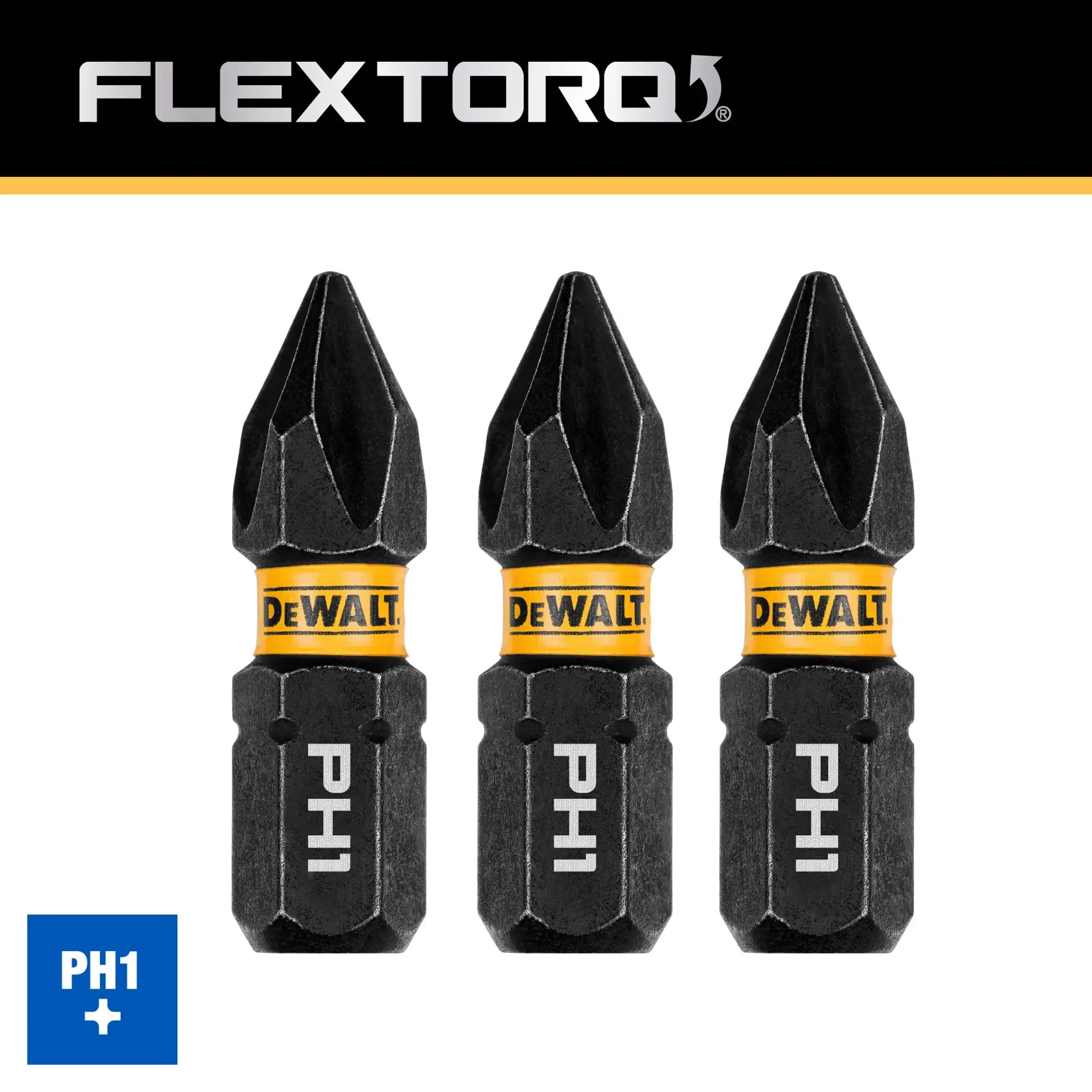 Three DEWALT PH1 FlexTorq screwdriver bits with yellow bands, shown side by side on a white background.