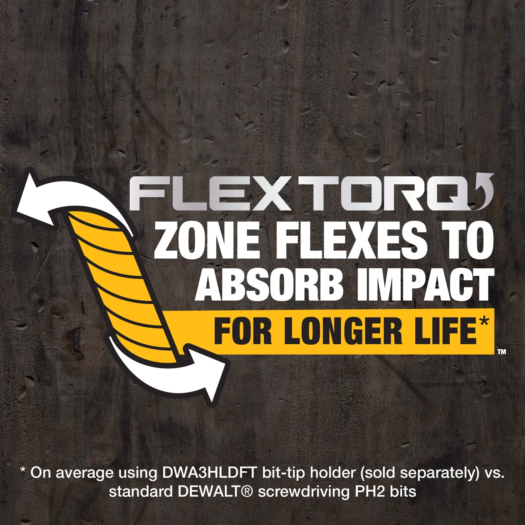 FlexTorq Zone Flexes to Absorb Impact for Longer Life(TM)  On average using DWA3HLDFT bit-tip holder (sold seperately) vs. standard DEWALT(R) screwdriving PH2 bits