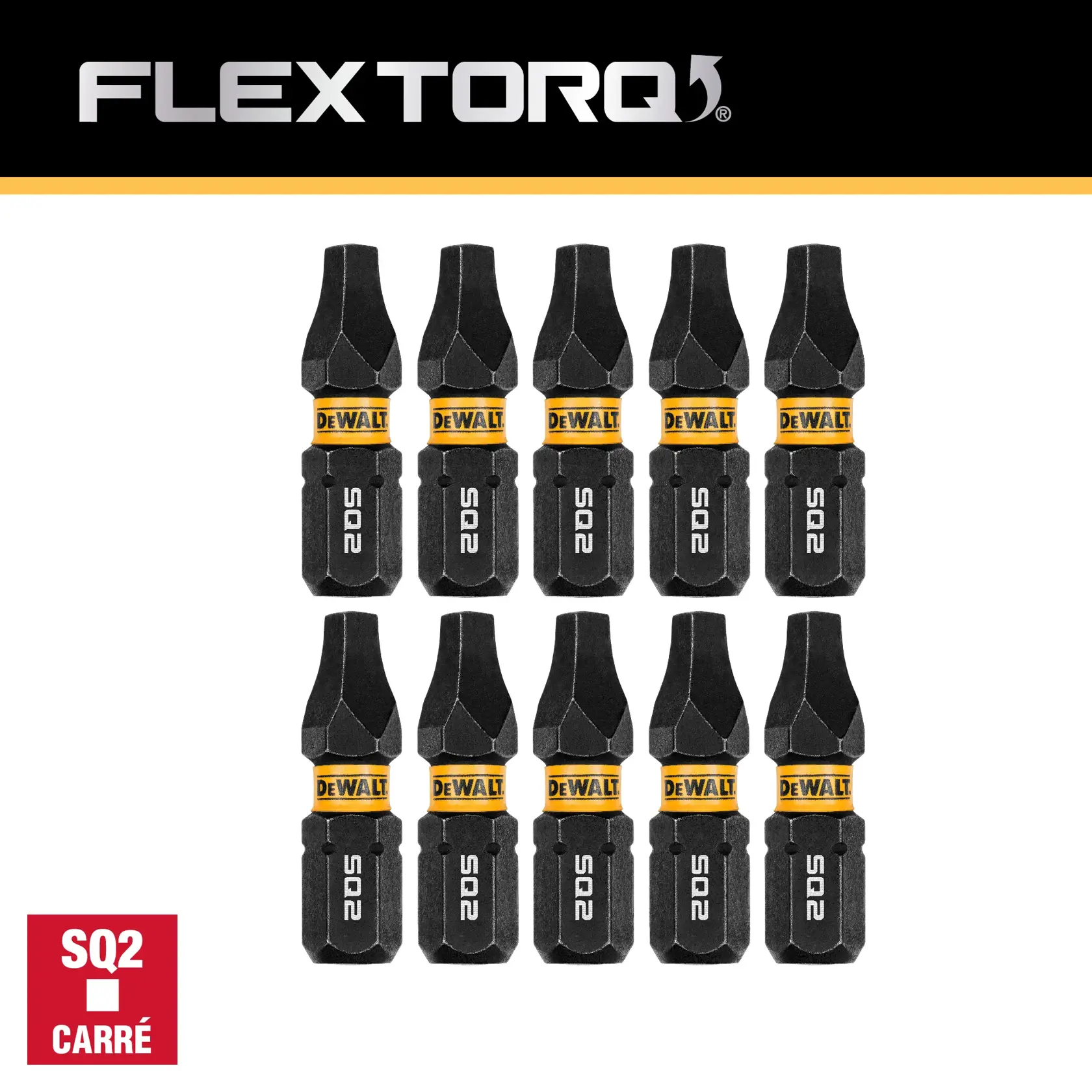 A set of ten DEWALT brand SQ2 FLEXTORQ screwdriver bits is shown arranged in two rows. The bits are black with a yellow DEWALT band and marked 'SQ2'. There is a label on the lower left with 'SQ2' inside a red square.