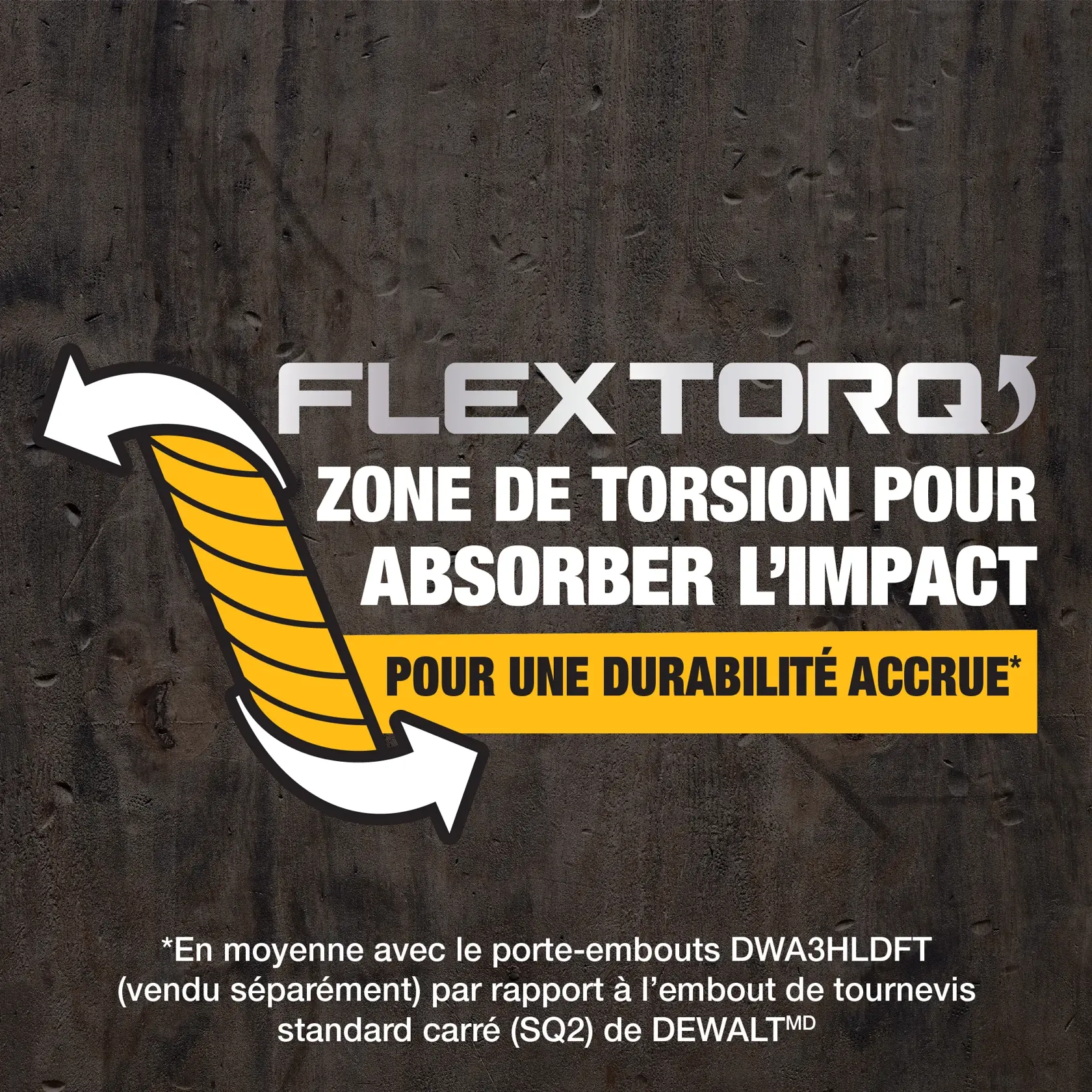 Graphic showing DEWALT FLEXTORQ with a yellow and black segmented bar and curved arrows, highlighting that the zone flexes to absorb impact for longer life. Note: On average using DWA3HLDFT bit-tip holder (sold separately) vs. standard DEWALT screwdriving SQ2 bits.