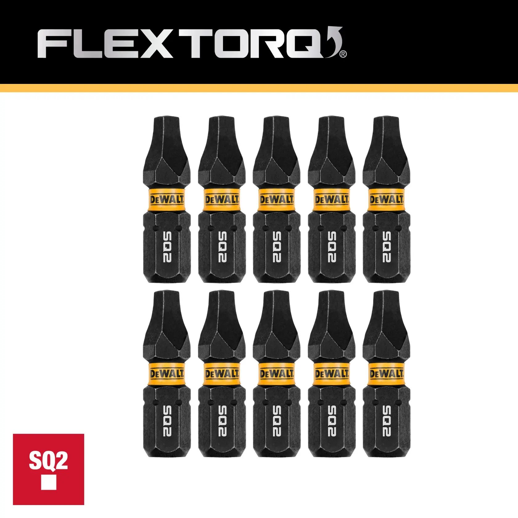 A set of ten DEWALT brand SQ2 FLEXTORQ screwdriver bits is shown arranged in two rows. The bits are black with a yellow DEWALT band and marked 'SQ2'. There is a label on the lower left with 'SQ2' inside a red square.