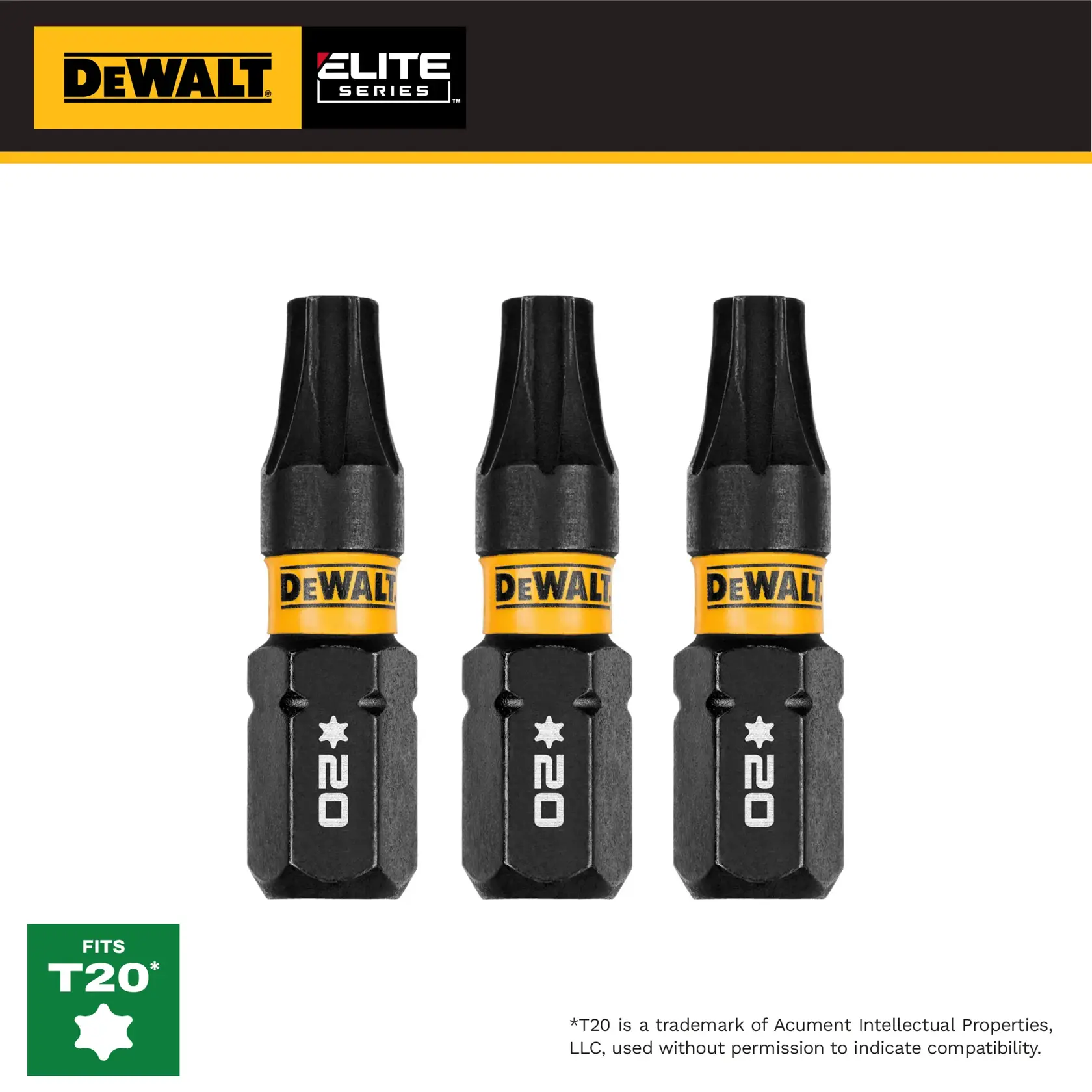 DEWALT Elite Series T20 star bit set, three black and yellow bits for T20 fasteners.