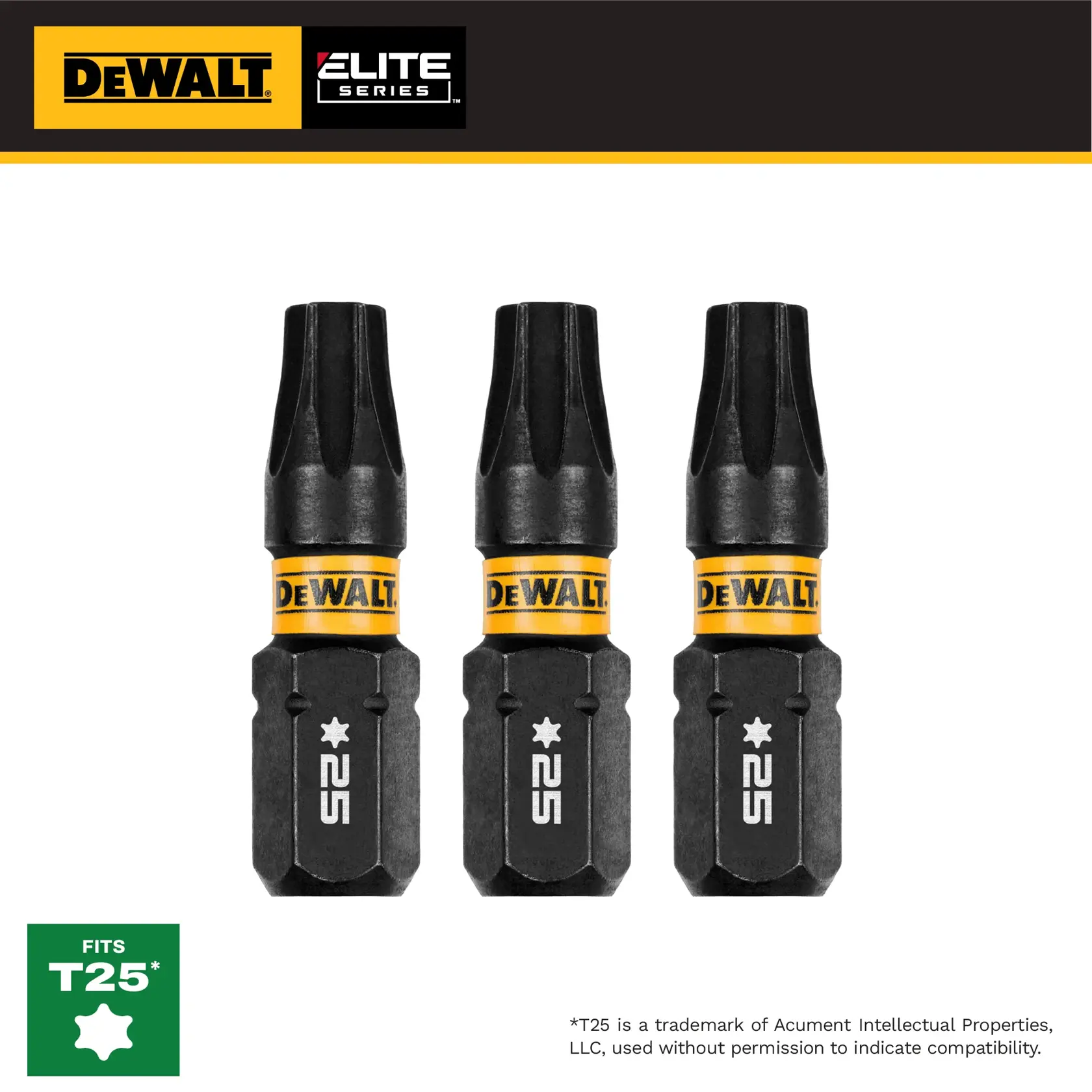 Image of three DEWALT Elite Series T25 screwdriver bits arranged in a row. The bits are black with a yellow DEWALT band and marked with a star symbol and '25'. The image includes DEWALT and Elite Series branding and a green box indicating 'Fits T25'.