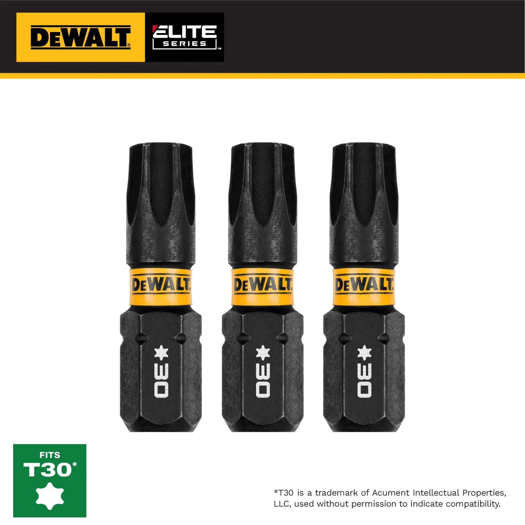 DEWALT Elite Series T30 bits, set of 3. Star shape, compatible with T30 screws. Black and yellow design.