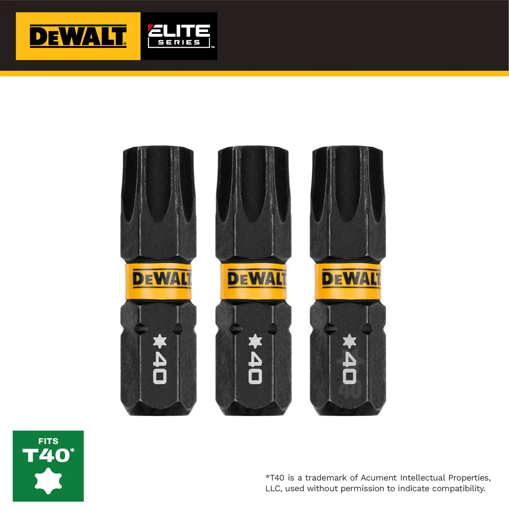 Three DEWALT Elite Series T40 star bits with yellow branding, shown upright for compatibility with T40 fasteners.