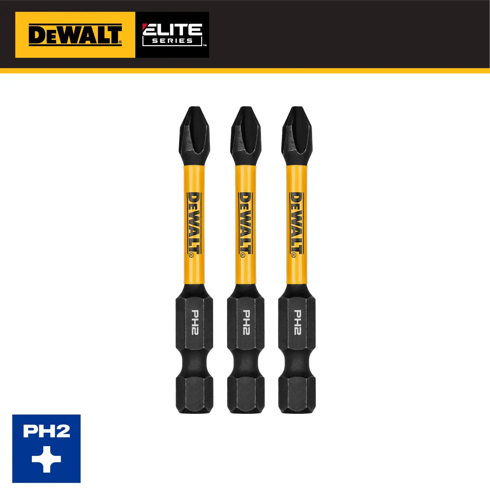 Three DEWALT Elite Series PH2 screwdriver bits with yellow and black design, shown upright on a white background.