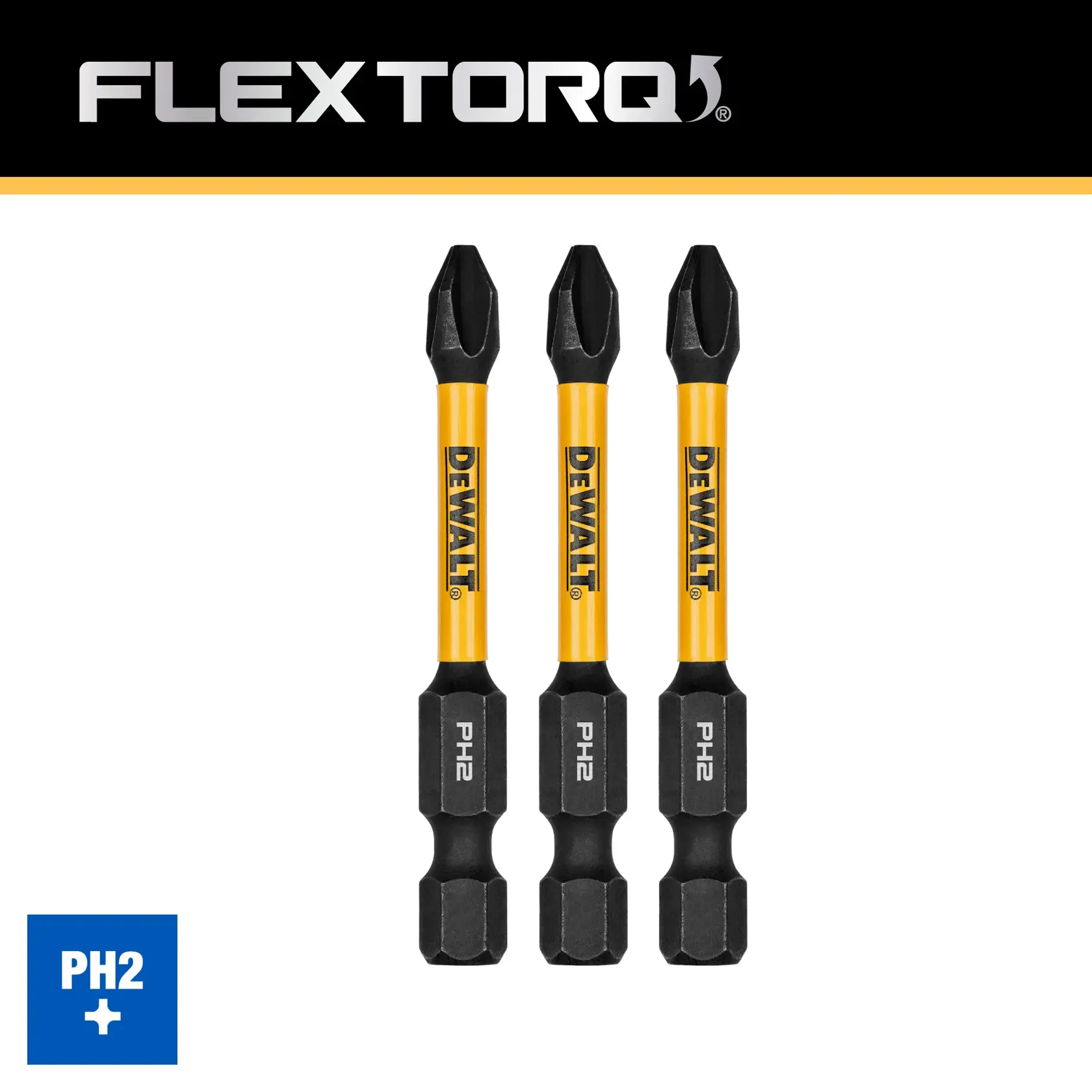 Three DEWALT FlexTorq PH2 screwdriver bits with yellow and black design, shown vertically on a white background.