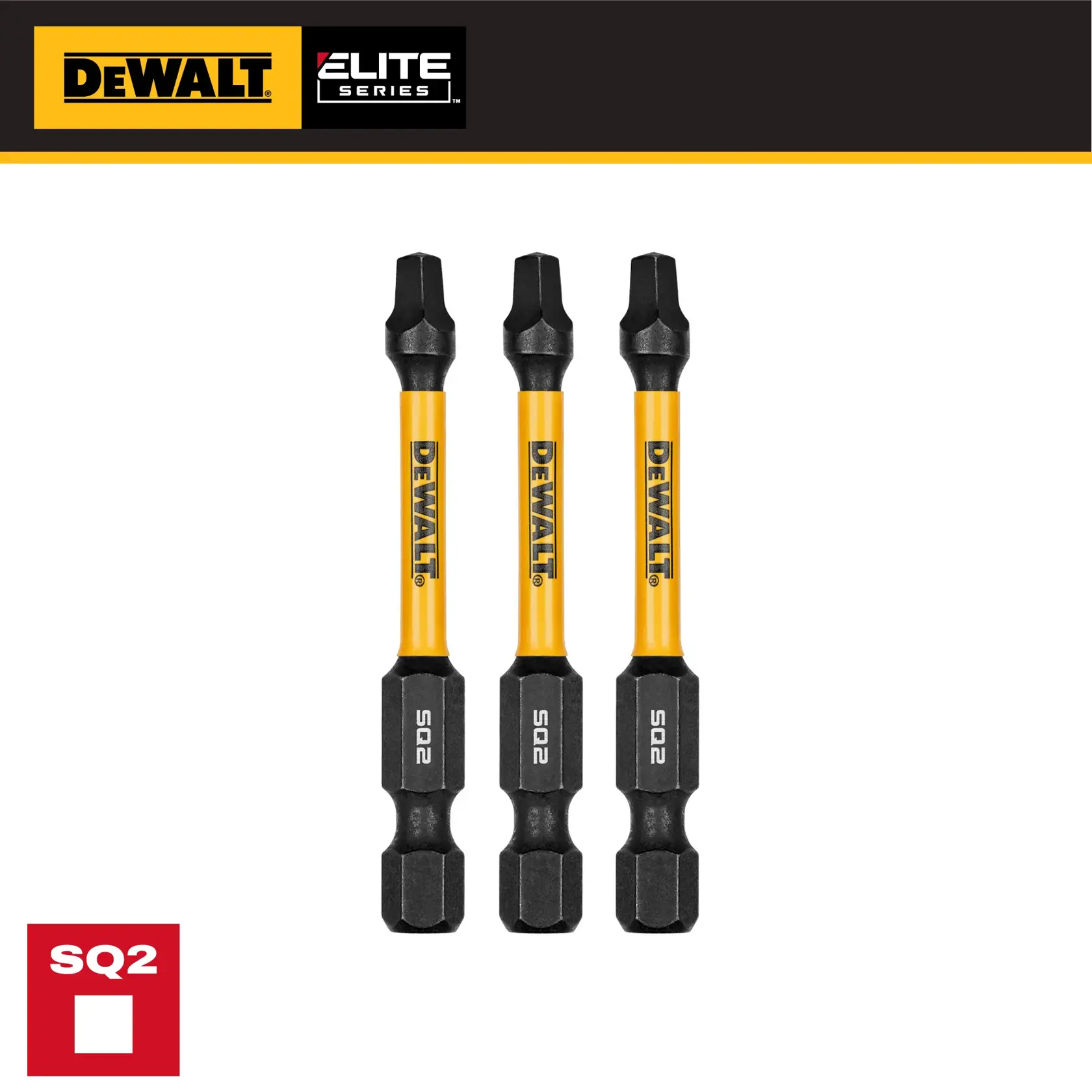 Three DEWALT Elite Series SQ2 square screwdriver bits with yellow shafts and black ends, shown vertically.