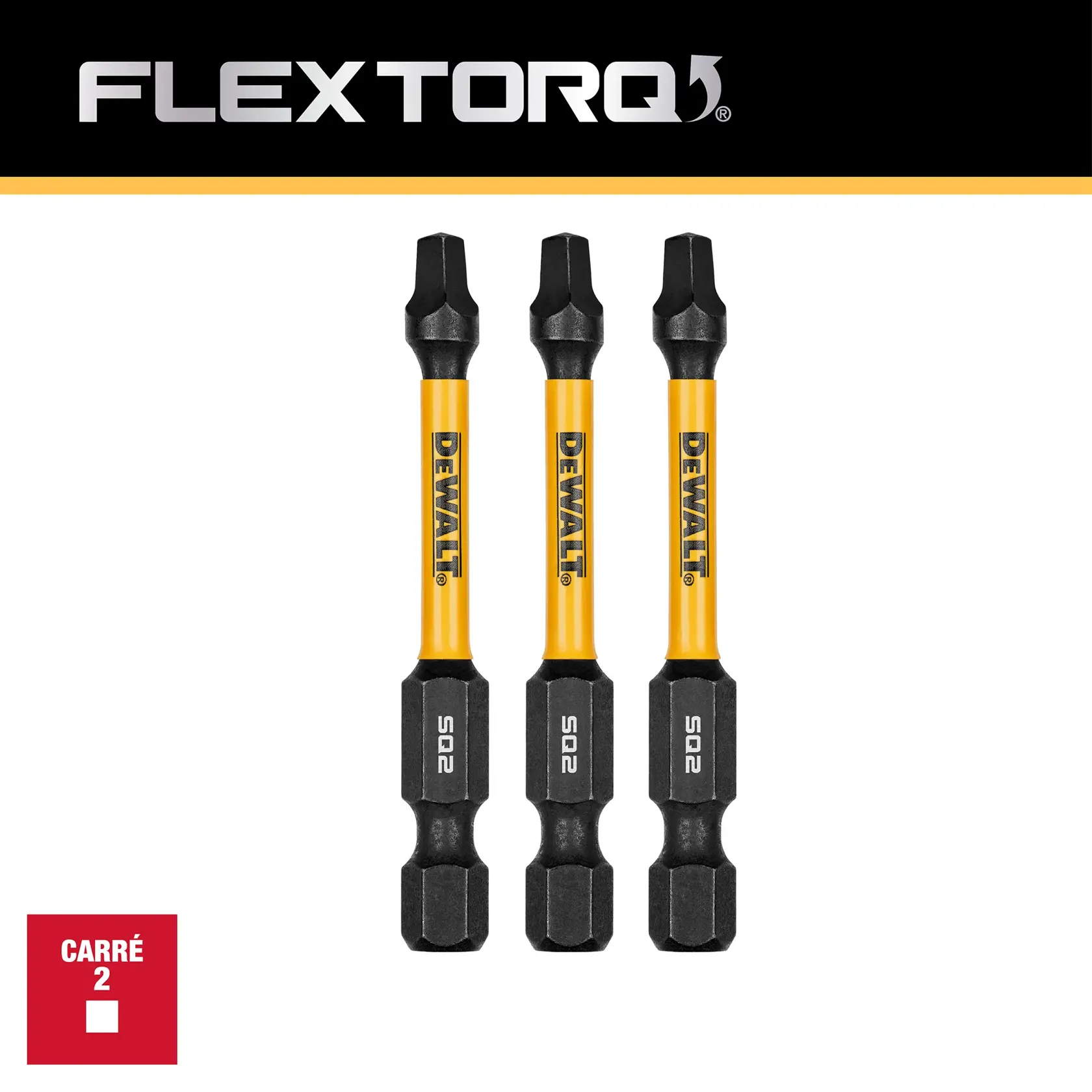 Three DEWALT Elite Series SQ2 square screwdriver bits with yellow shafts and black ends, shown vertically.