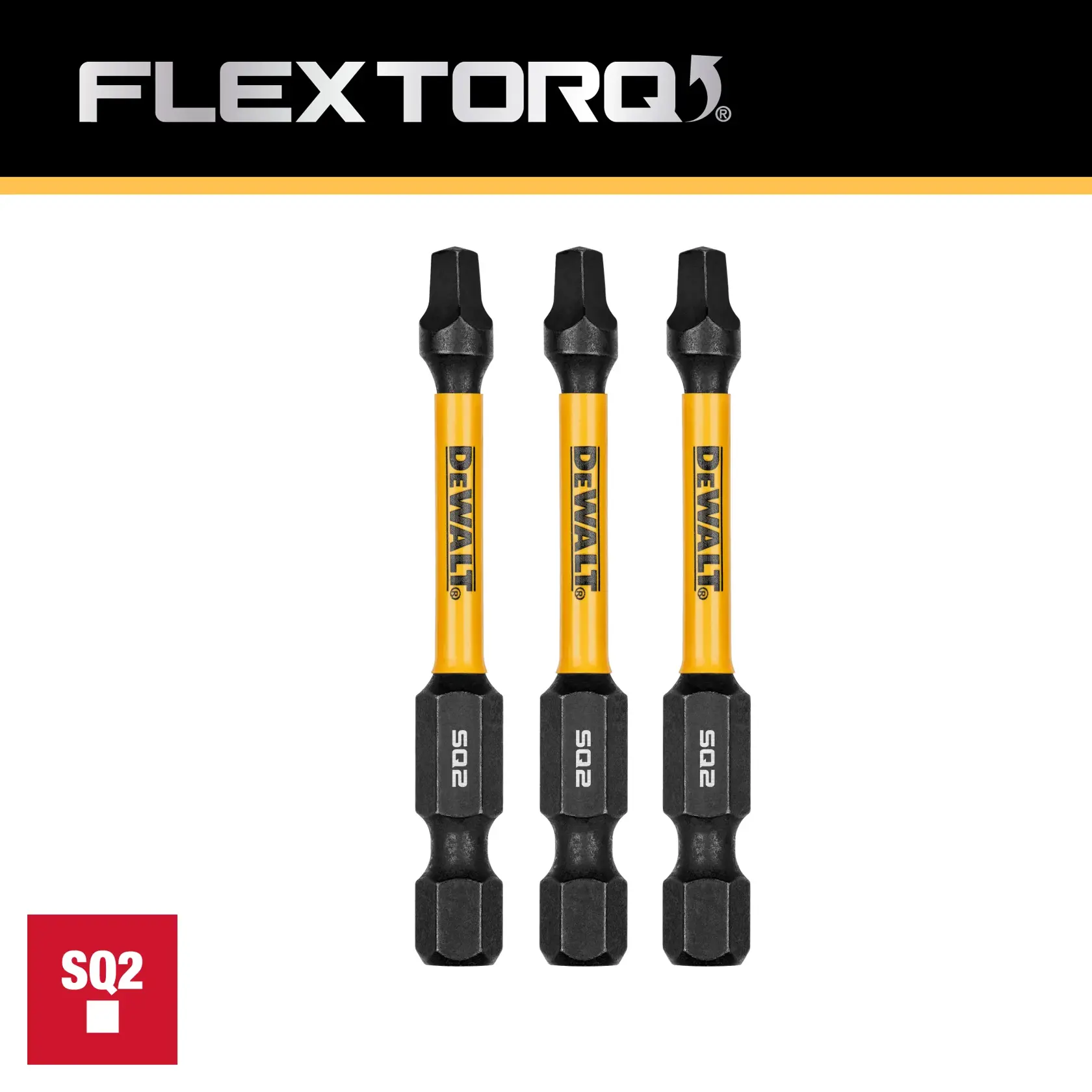 DEWALT FLEXTORQ SQ2 impact screwdriver bits, three pack, yellow and black, for square drive screws.