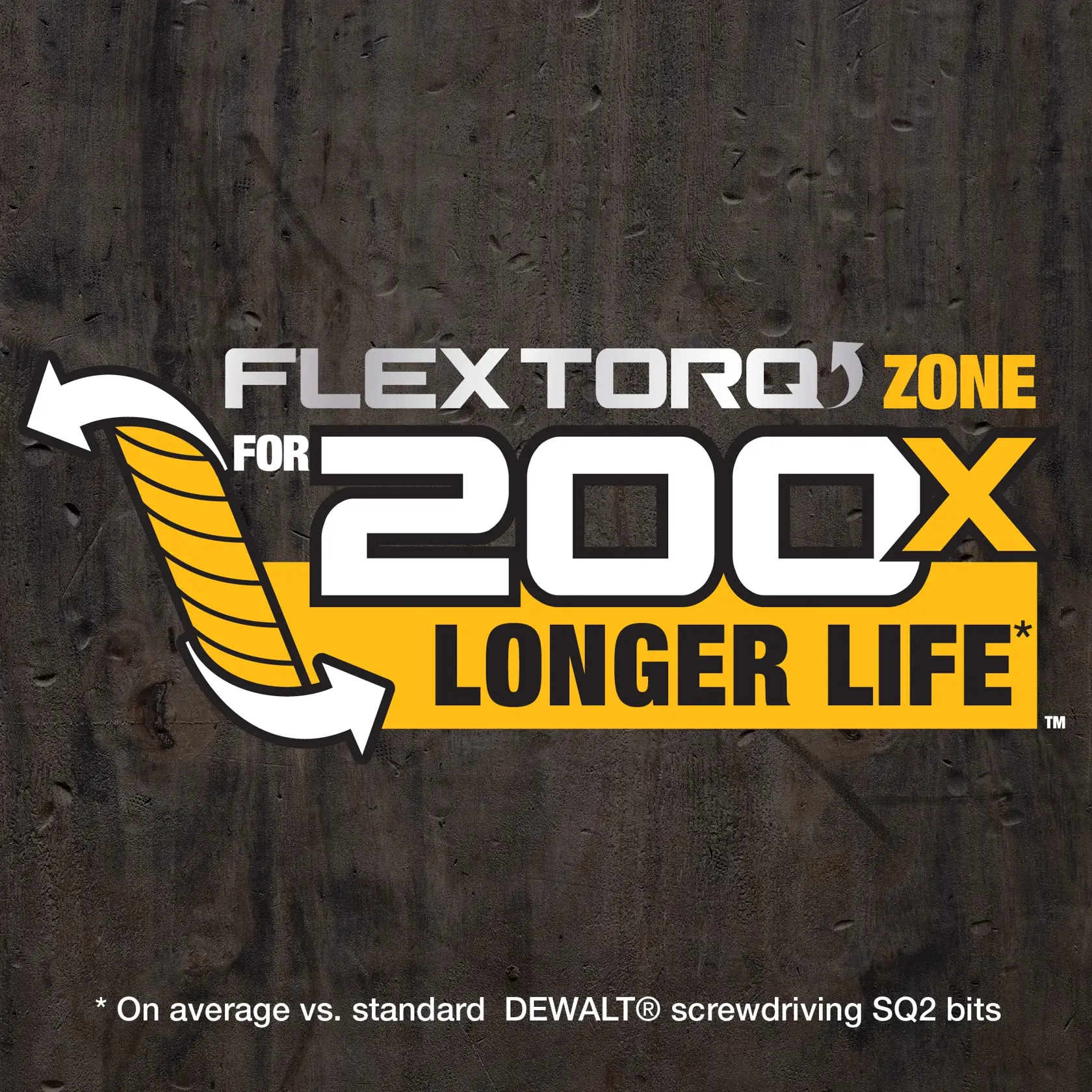 Graphic showing the text 'Flextorq Zone for 200x longer life' with arrows and a yellow spiral design, promoting DEWALT screwdriving SQ2 bits as having up to 200 times longer life compared to standard DEWALT SQ2 bits.