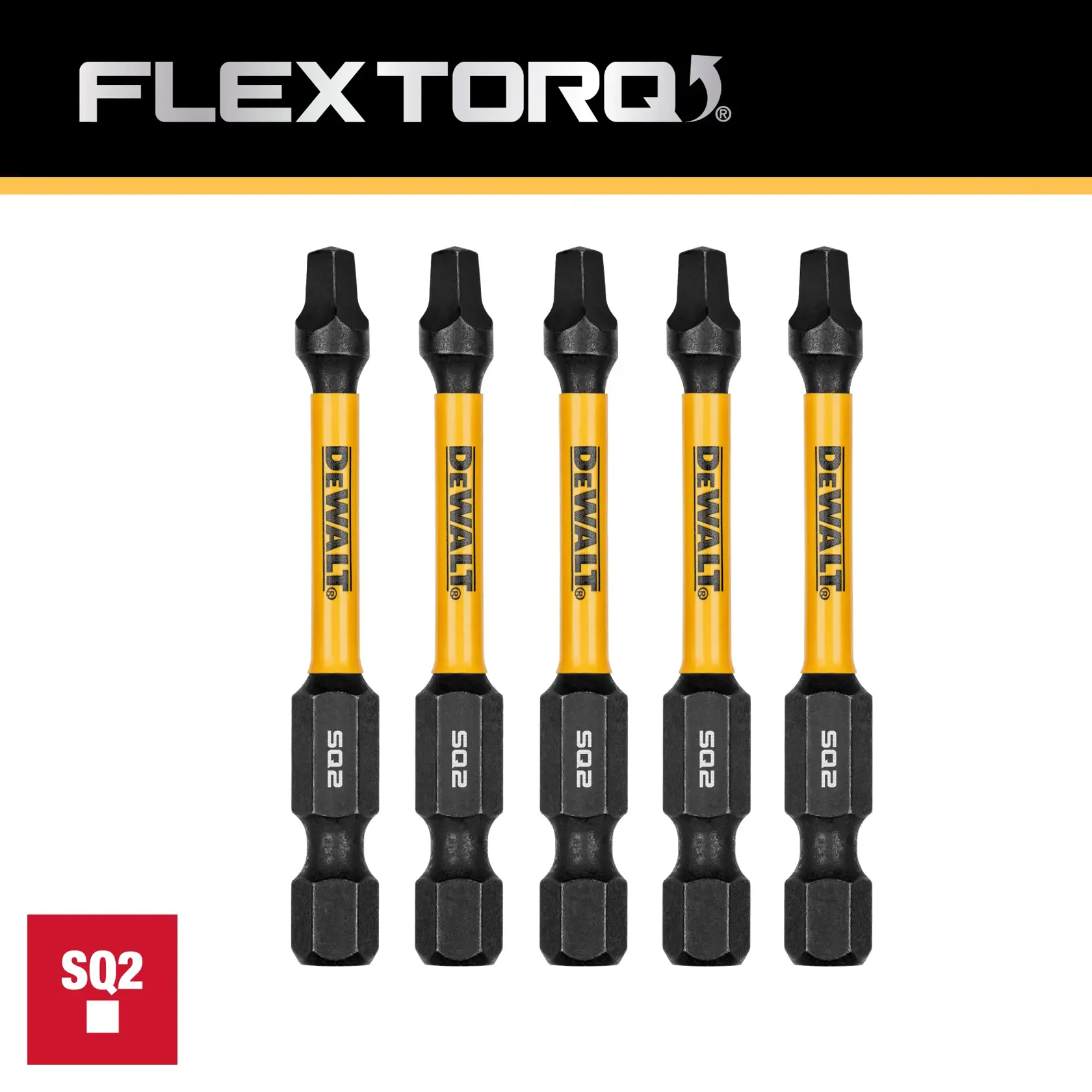 Five DEWALT FLEXTORQ SQ2 screwdriver bits with yellow and black design, arranged vertically. The package and branding are prominently displayed.
