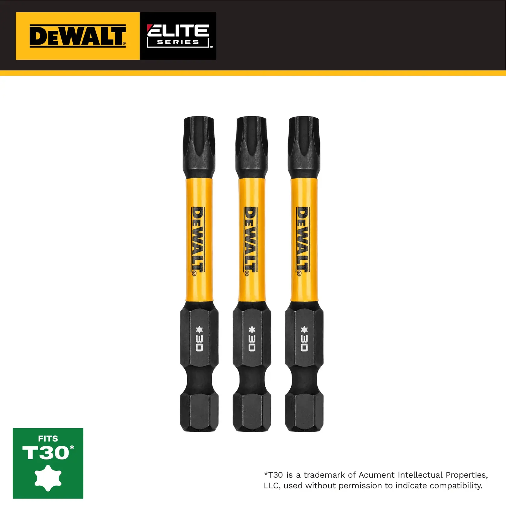 Three DEWALT Elite Series T30 star screwdriver bits, yellow and black, shown upright for compatibility.