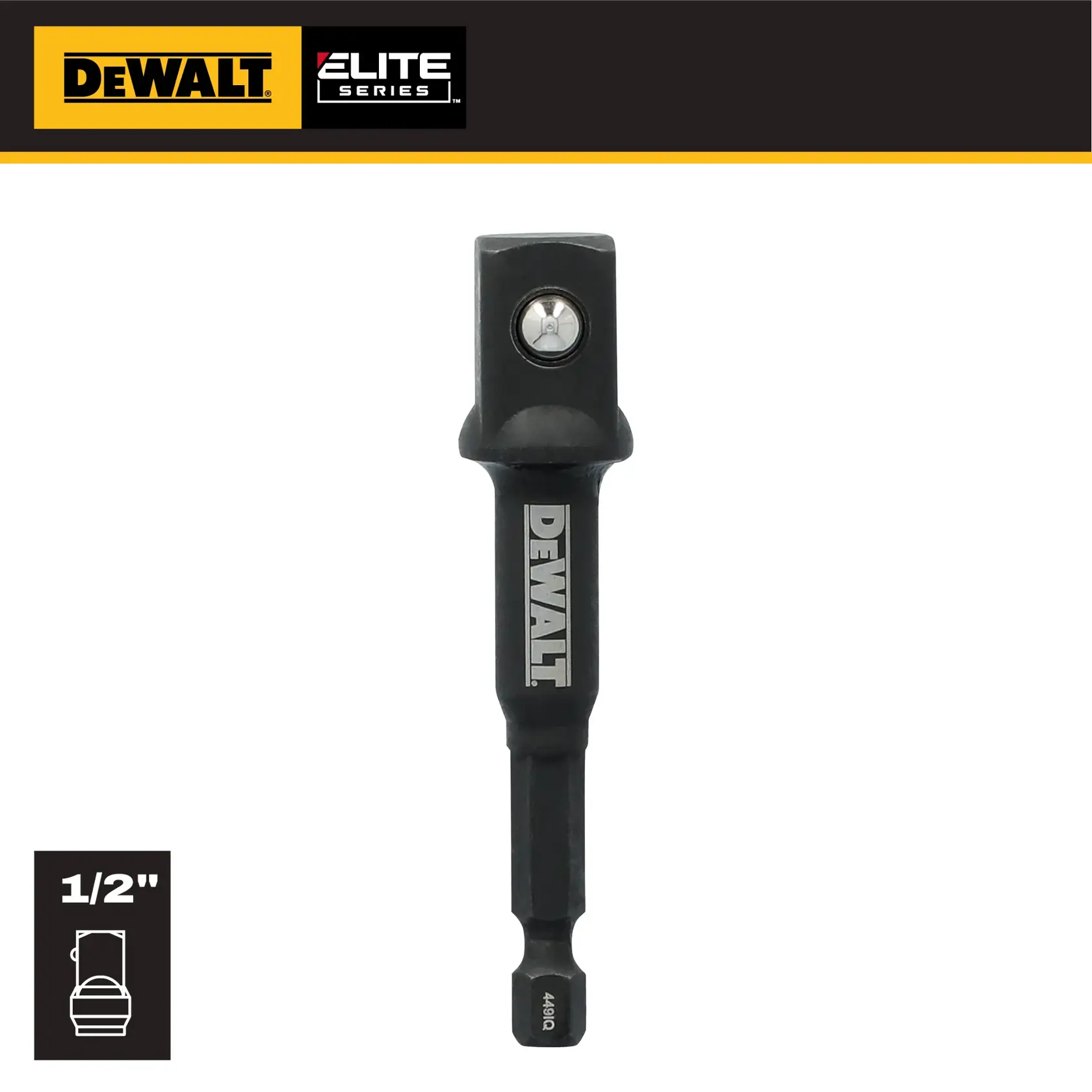 DEWALT Elite Series 1/2 inch socket adapter with hex shank, shown upright against a white background.