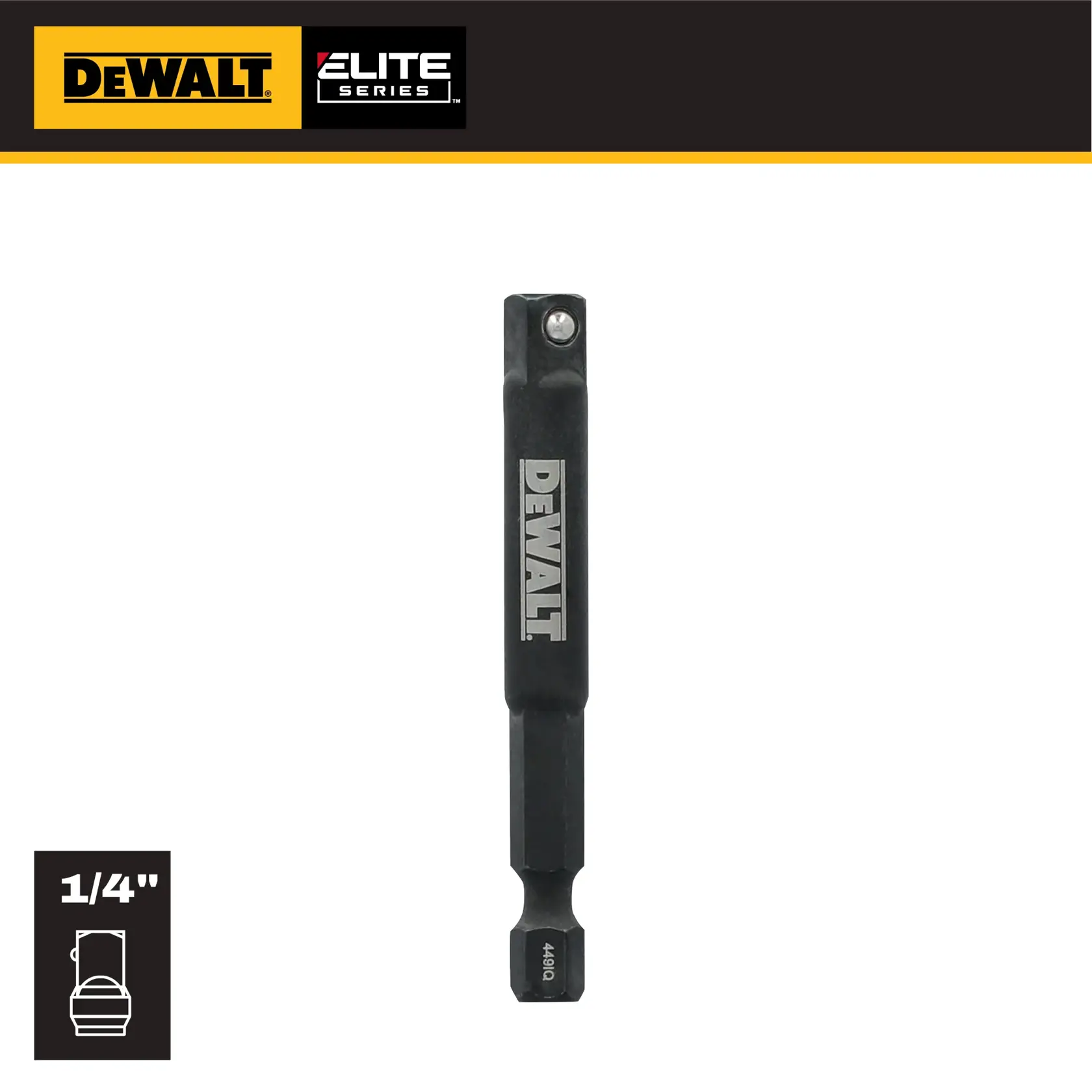 DEWALT Elite Series 1/4 inch drill bit adapter shown upright on white background with brand logos.