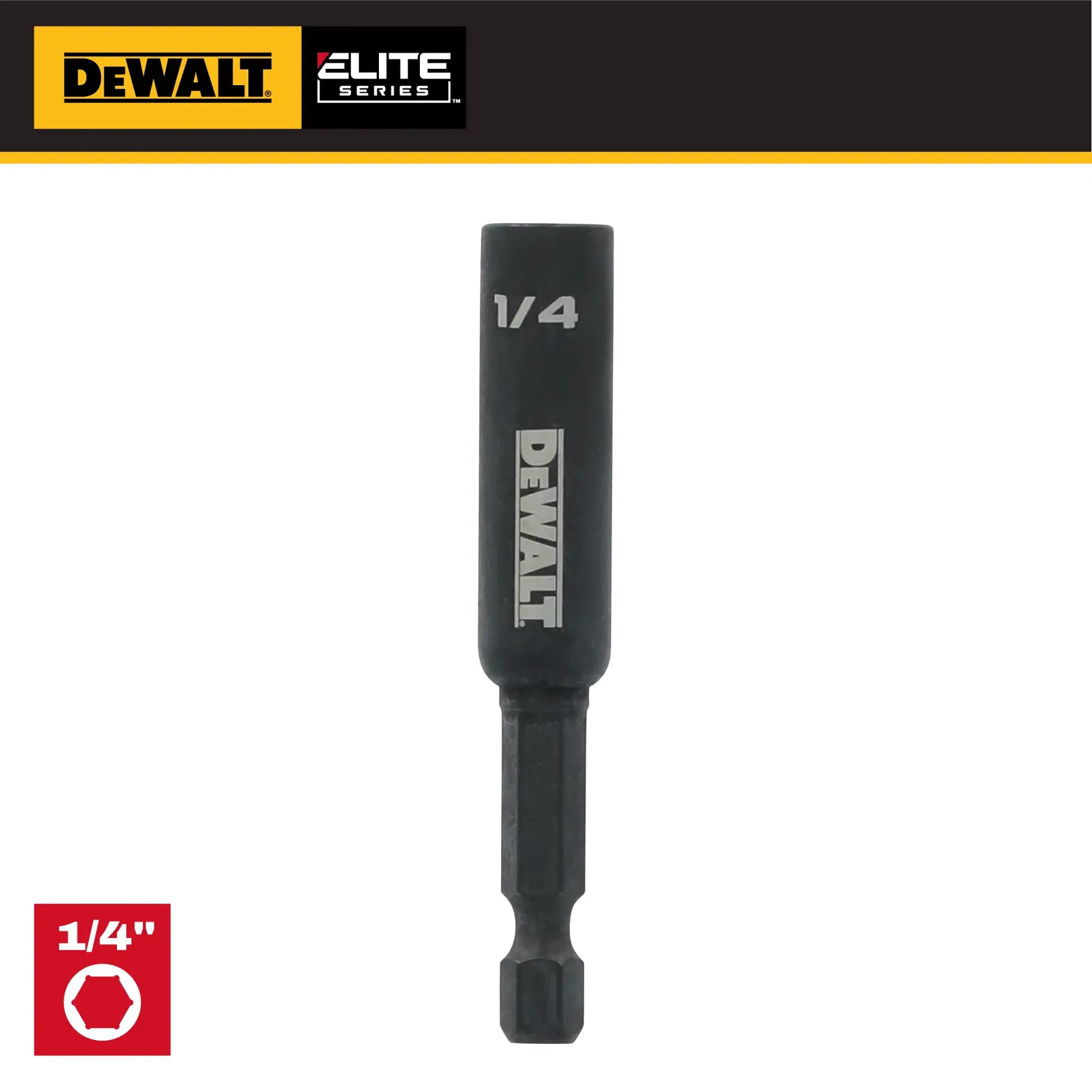 DEWALT Elite Series 1/4 inch nut driver with hex shank, shown upright against a white background.