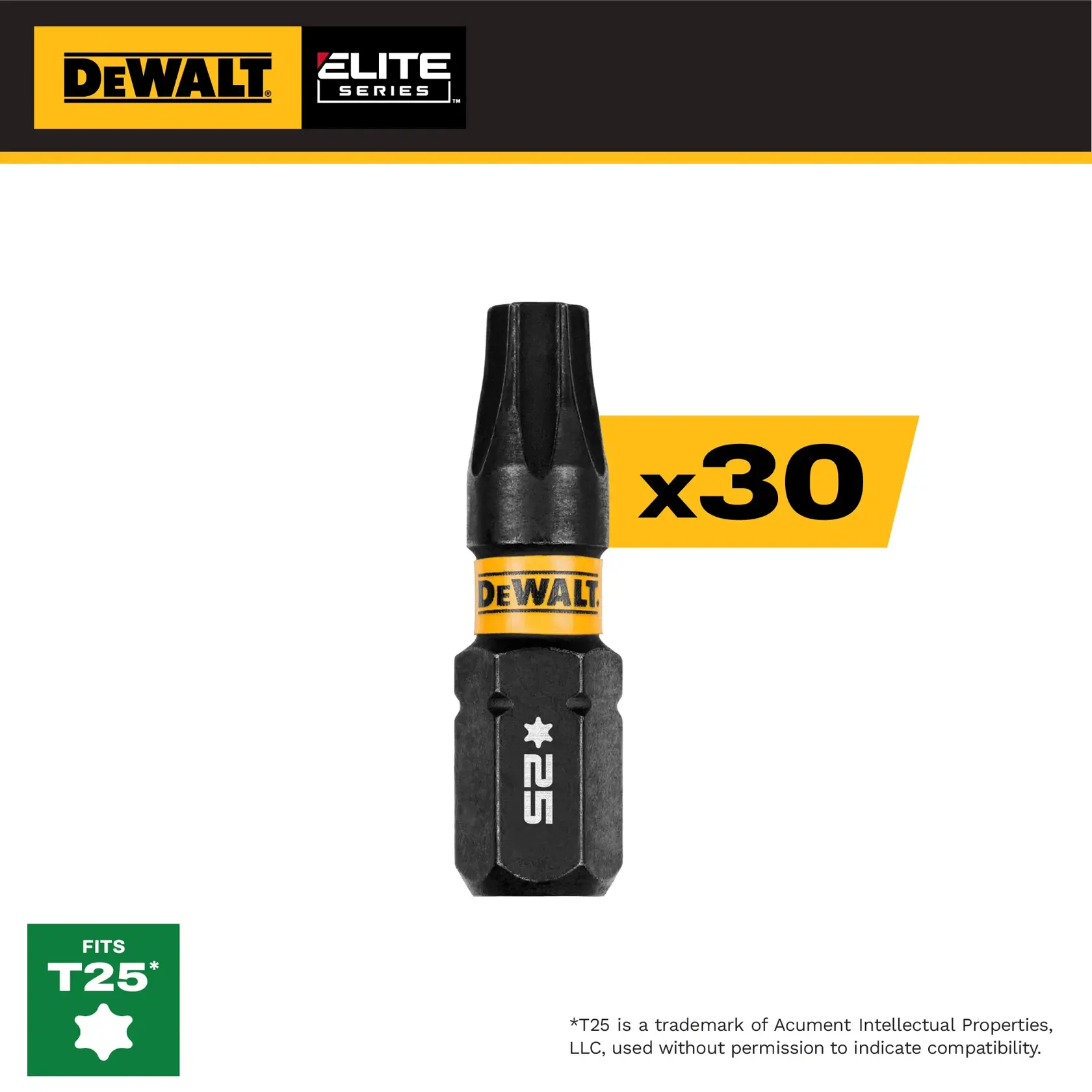 DEWALT Elite Series T25 screwdriver bit, pack of 30. Compatible with T25 star screws.