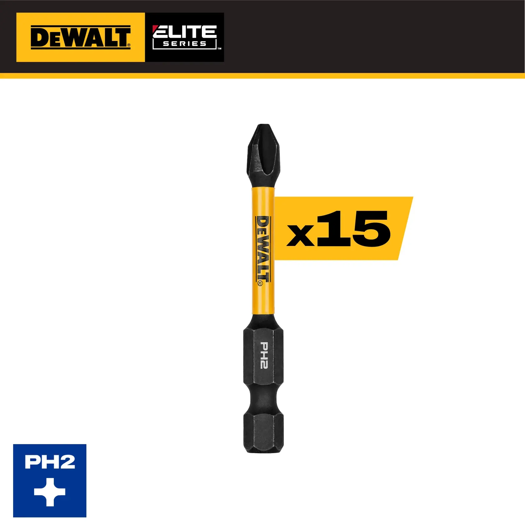 DEWALT Elite Series PH2 screwdriver bit, pack of 15. Bit features black and yellow design with PH2 label.