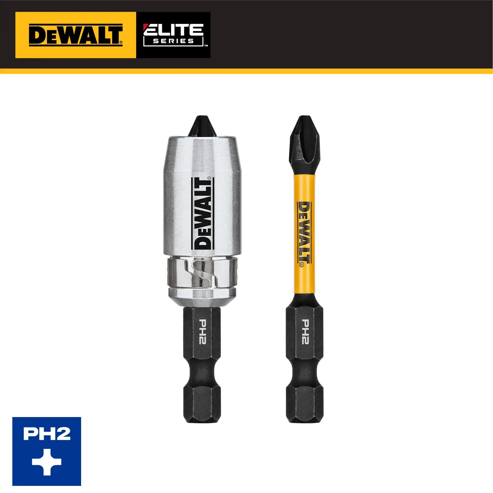 DEWALT Elite Series PH2 driver bit and sleeve set, shown in front view with branding and PH2 marking.