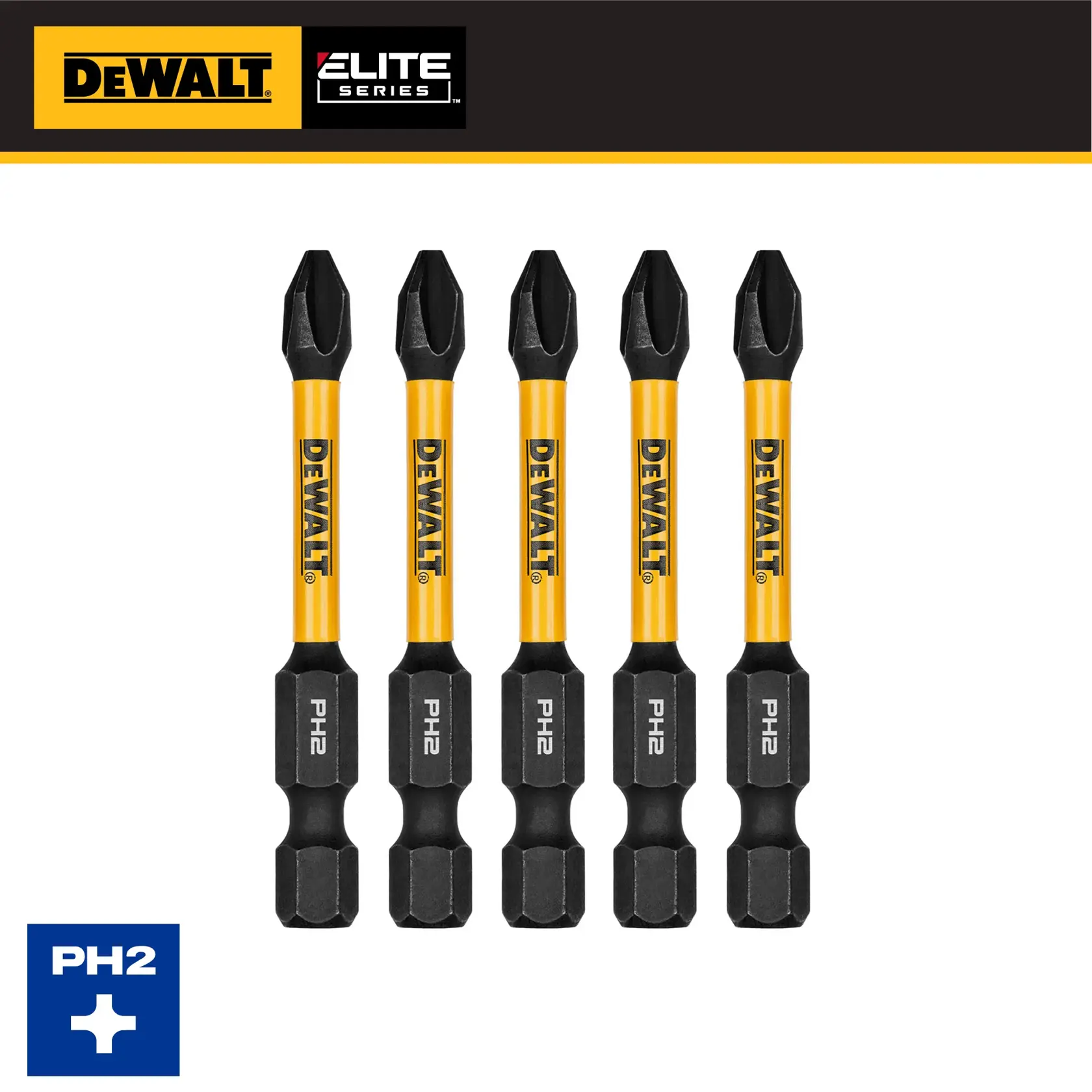 Five DEWALT Elite Series PH2 screwdriver bits, yellow and black with PH2 markings, shown in a row.