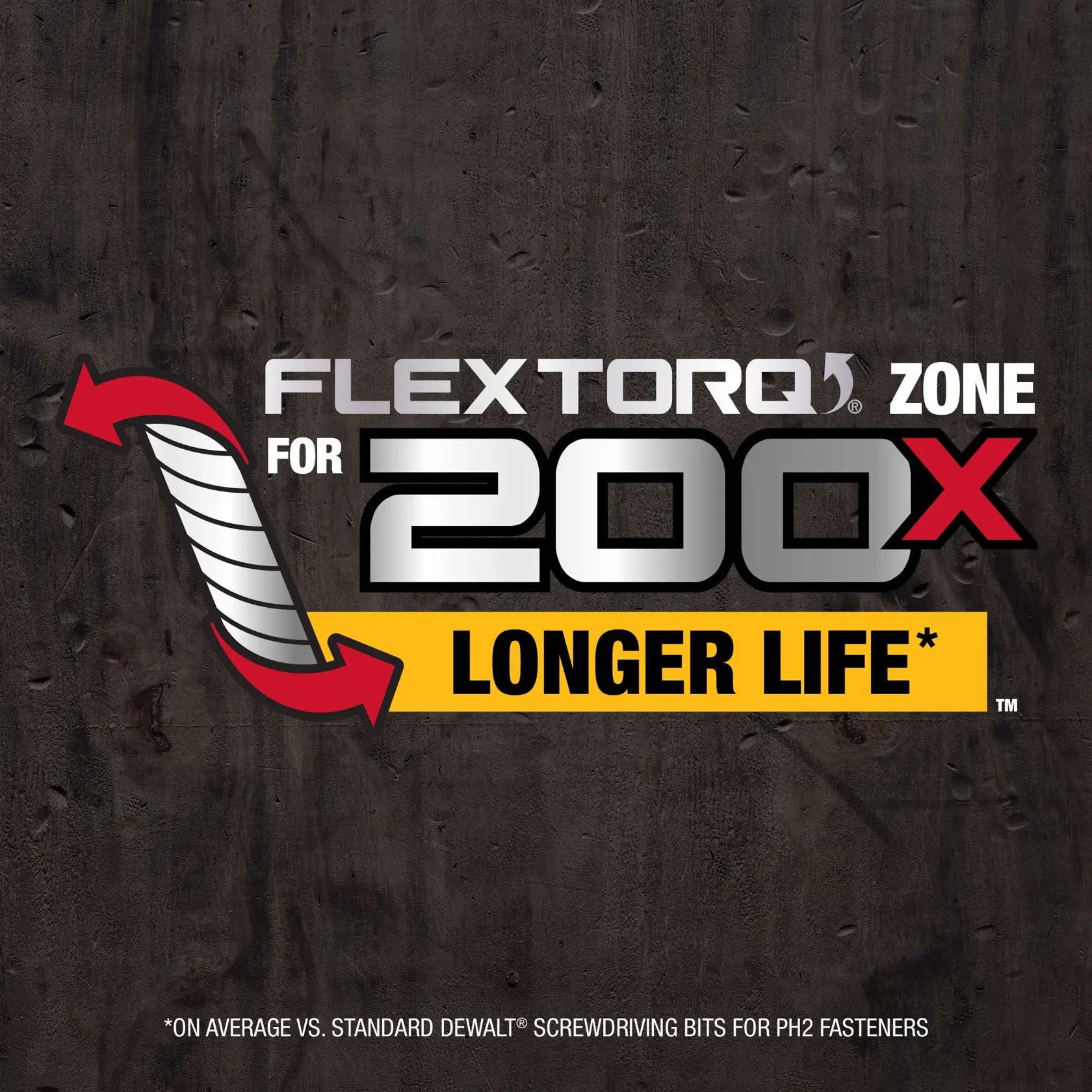 DEWALT FlexTorq Zone offers 200X longer life for PH2 fasteners compared to standard screwdriving bits.