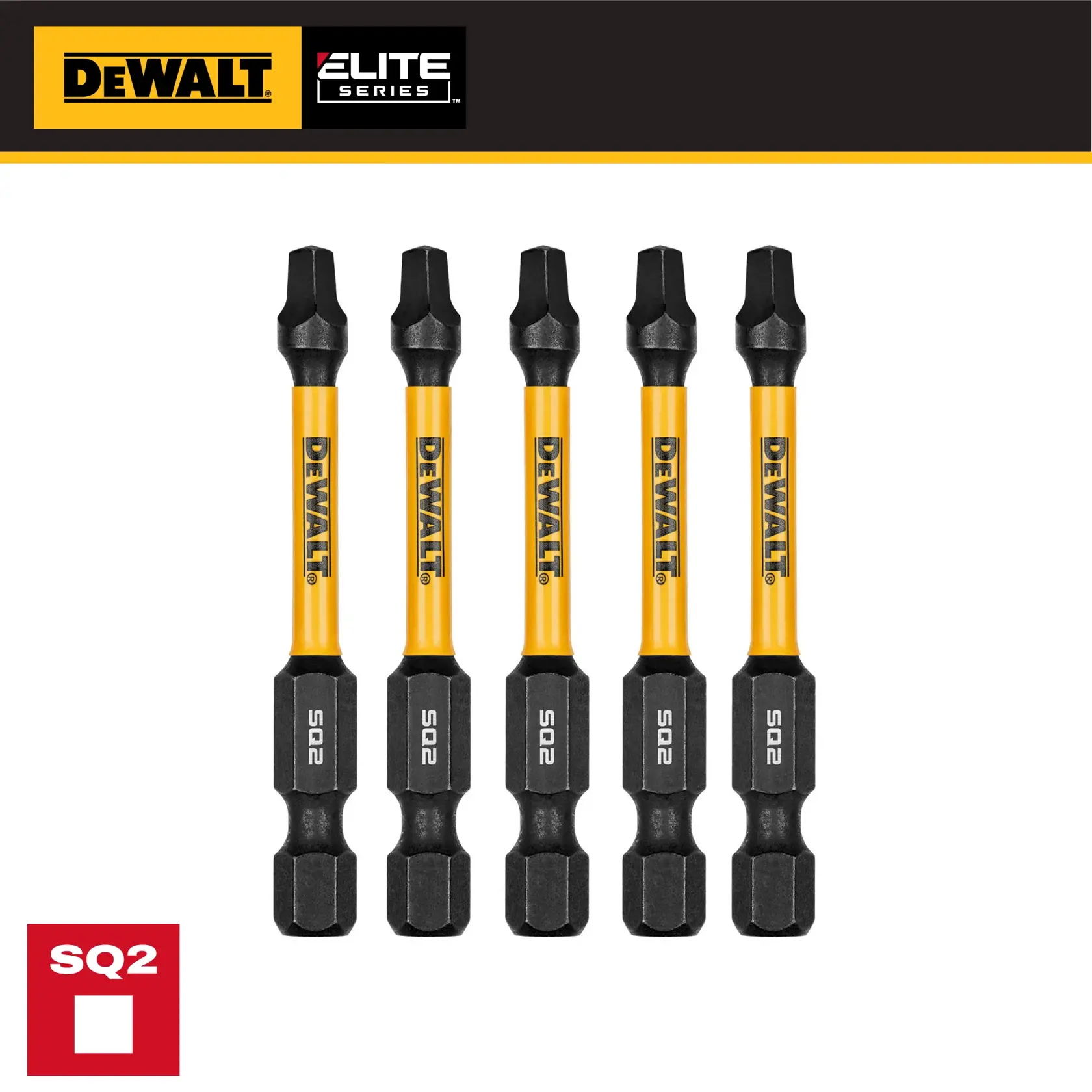 Five DEWALT Elite Series SQ2 square screwdriver bits with yellow shafts, shown vertically on a white background.