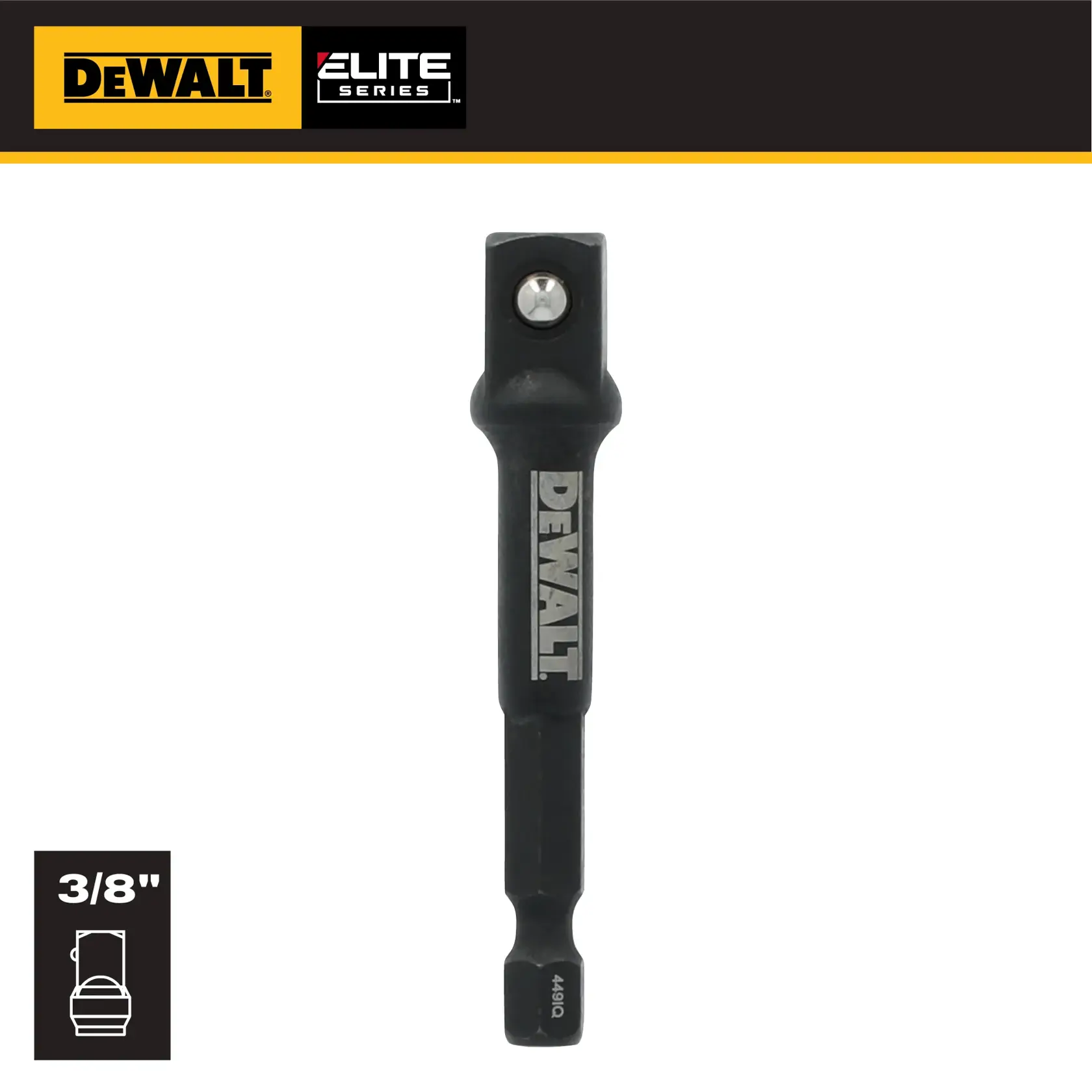 DEWALT 3/8 inch socket adapter from Elite Series, black metal tool with DEWALT logo and socket illustration.