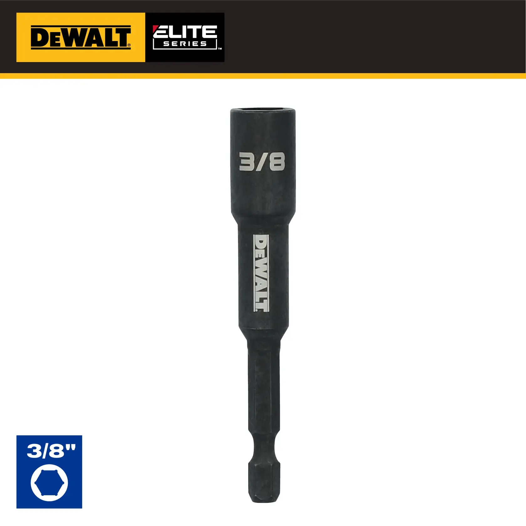 DEWALT Elite Series 3/8 inch hex nut driver drill bit with black finish and DEWALT branding.