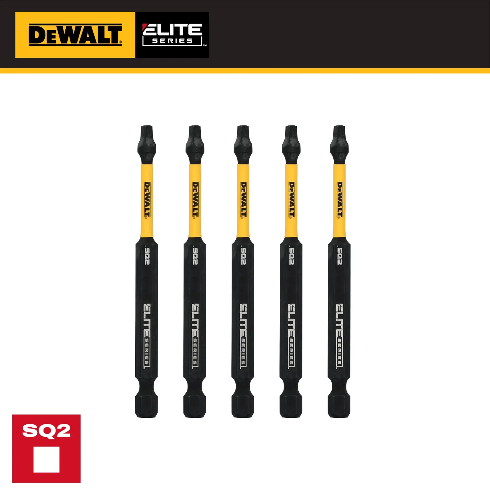 Five DEWALT Elite Series SQ2 screwdriver bits are shown upright with yellow and black design.