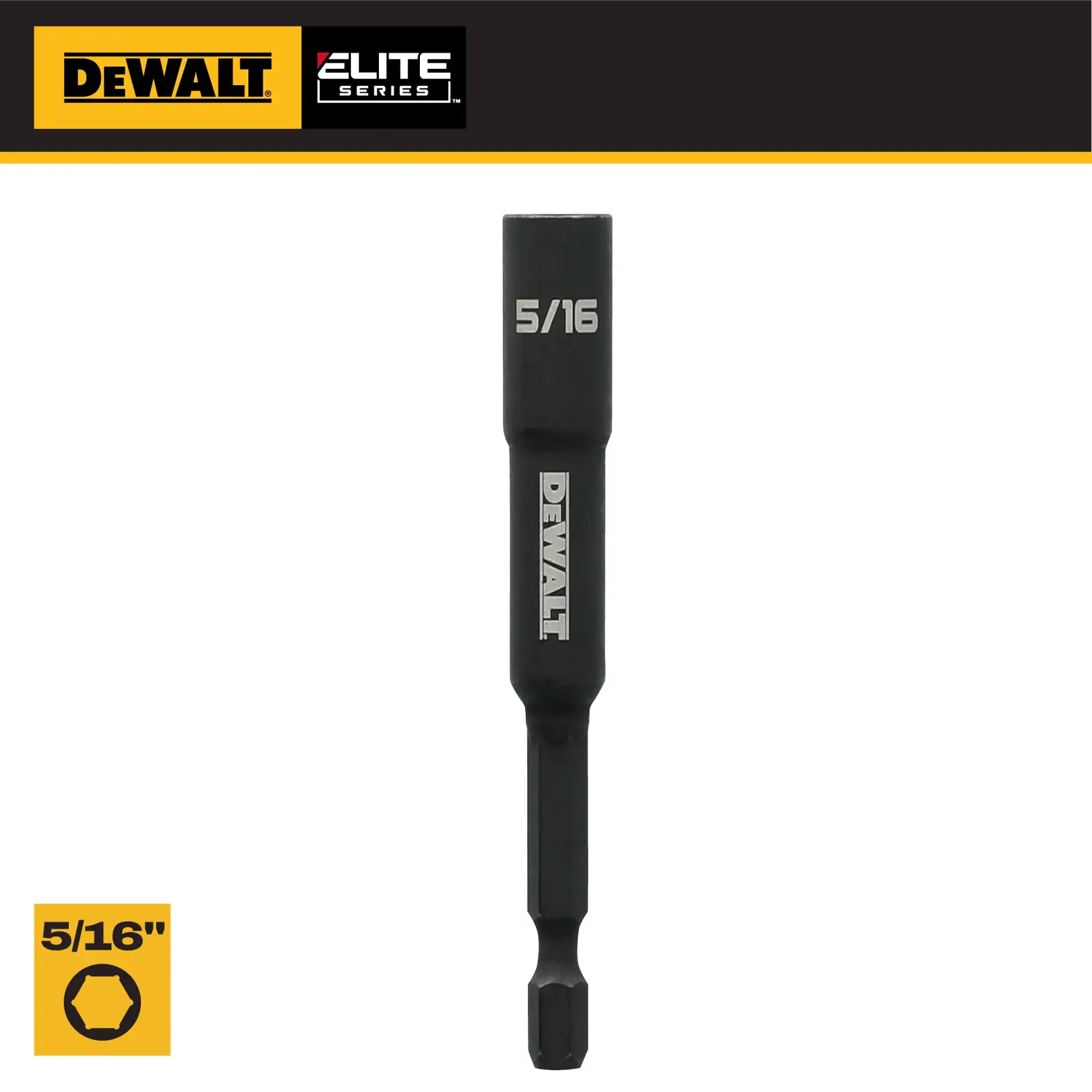 DEWALT Elite Series 5/16 inch hex drill bit with black finish, labeled with sizes and brand logo.