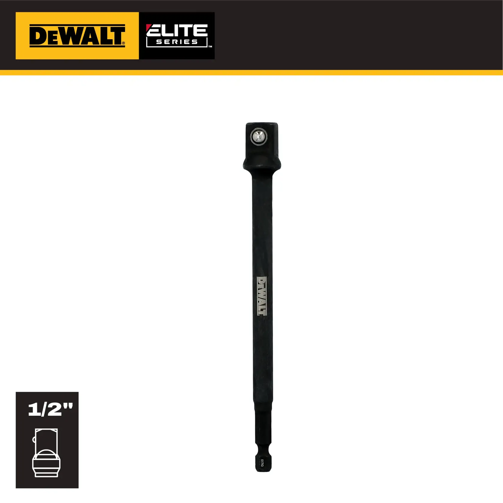 DEWALT Elite Series 1/2 inch adapter for drills, shown upright with logo, black color.