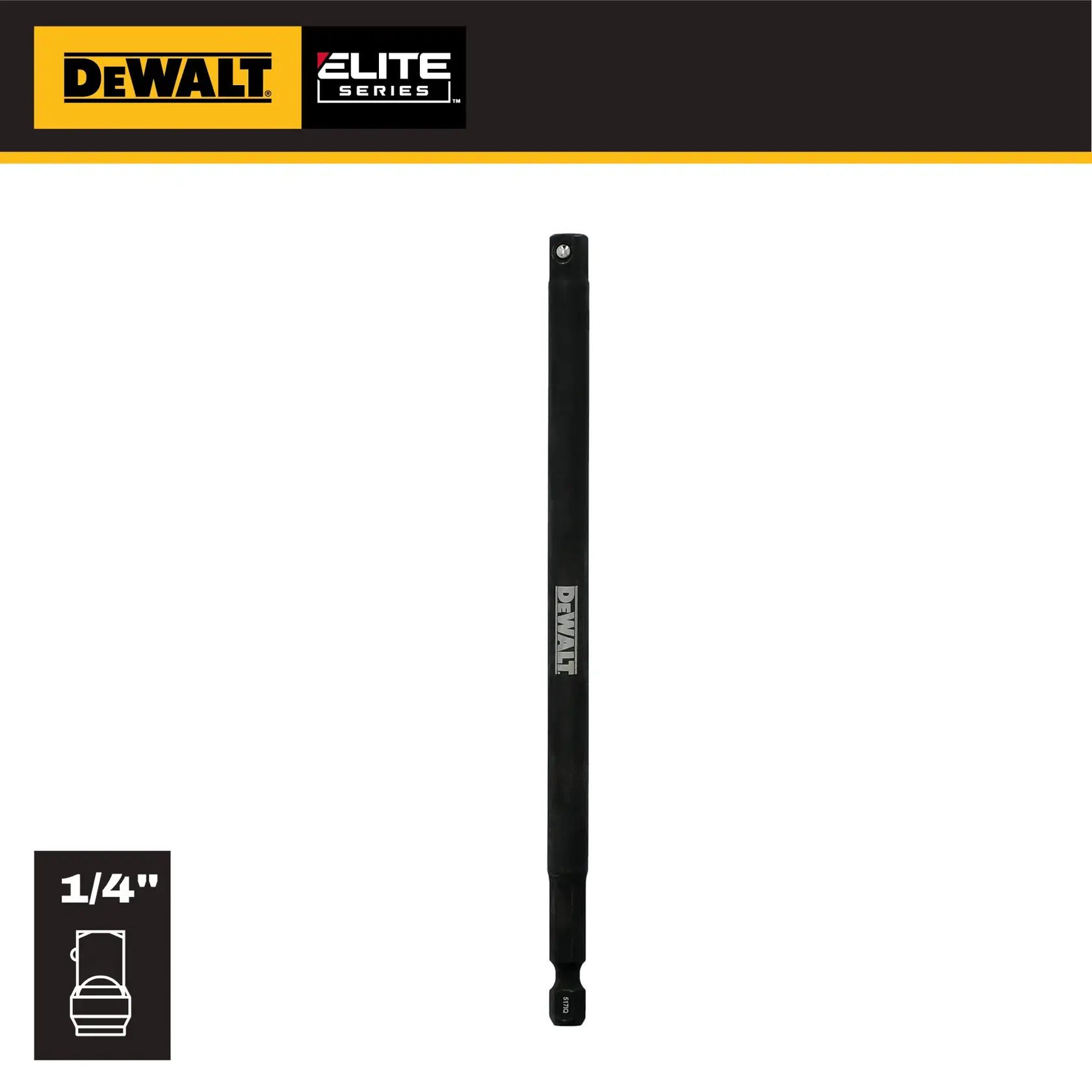DEWALT Elite Series 1/4 inch adapter extension in black, shown vertically with product branding visible.
