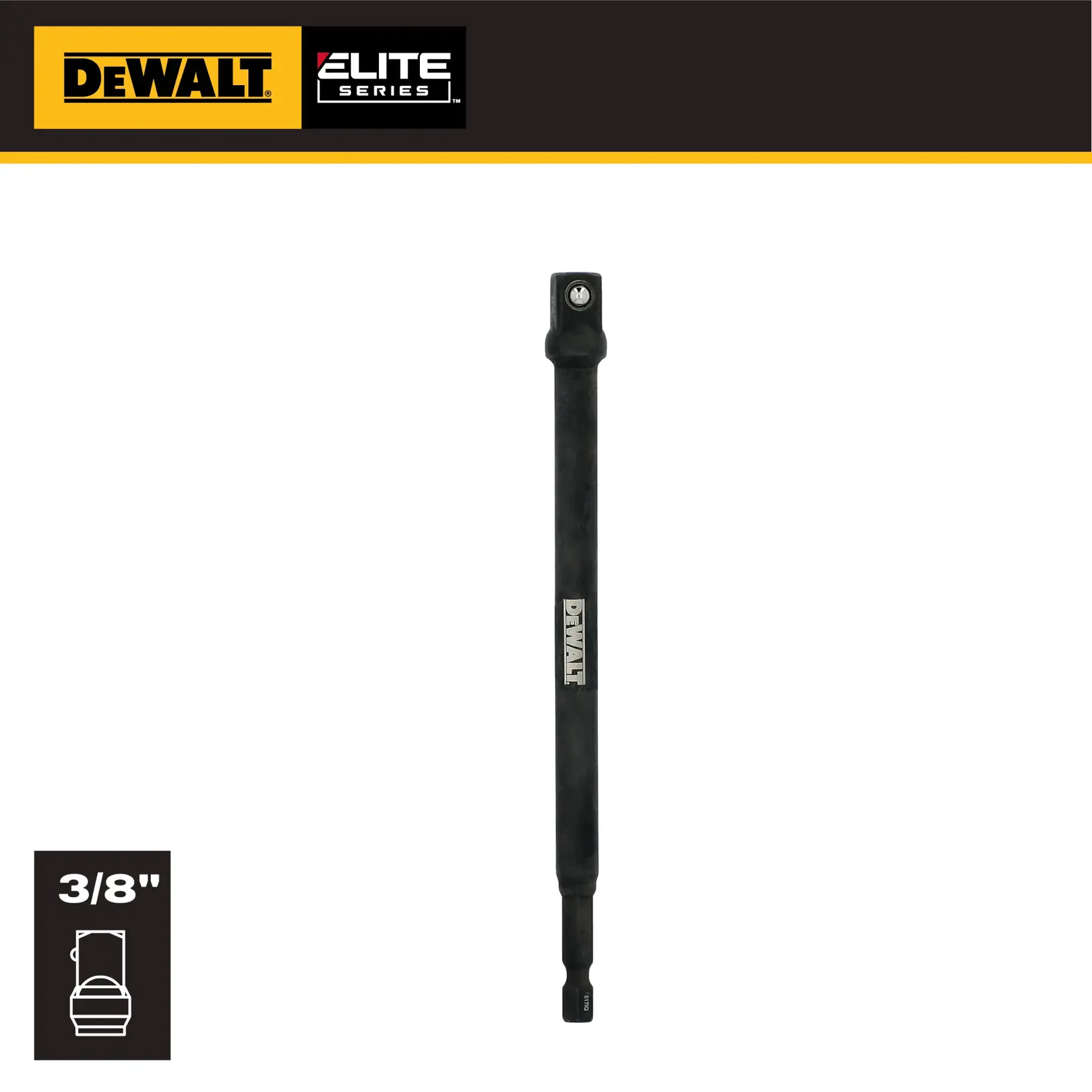 DEWALT Elite Series 3/8 inch socket adapter for drills. Black, elongated design with DEWALT logo in center.
