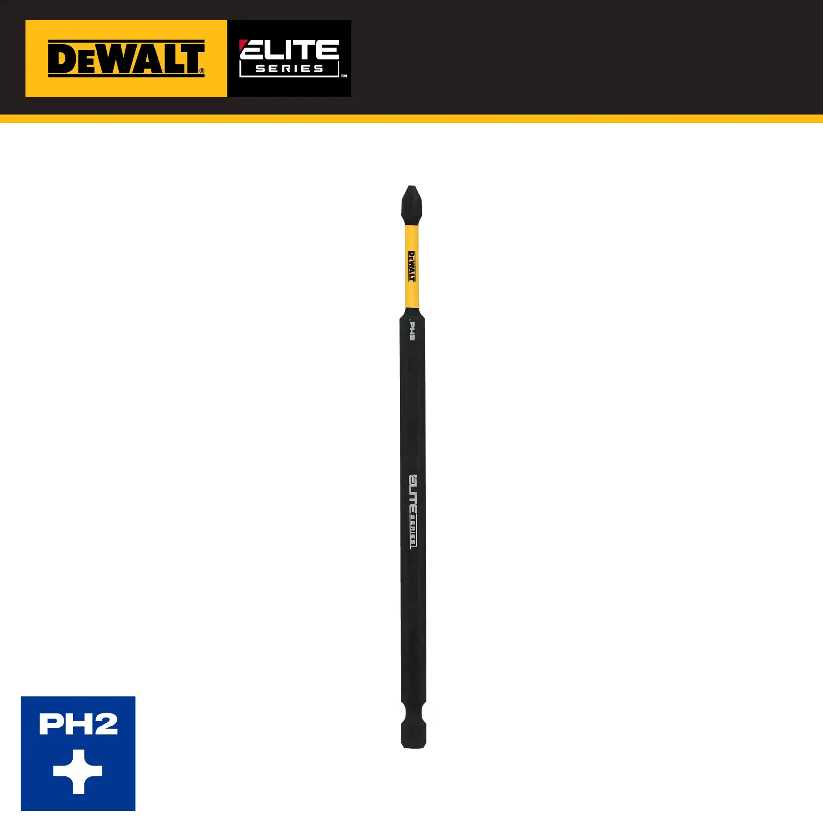 DEWALT Elite Series PH2 screwdriver bit, long black and yellow tool with PH2 marking.