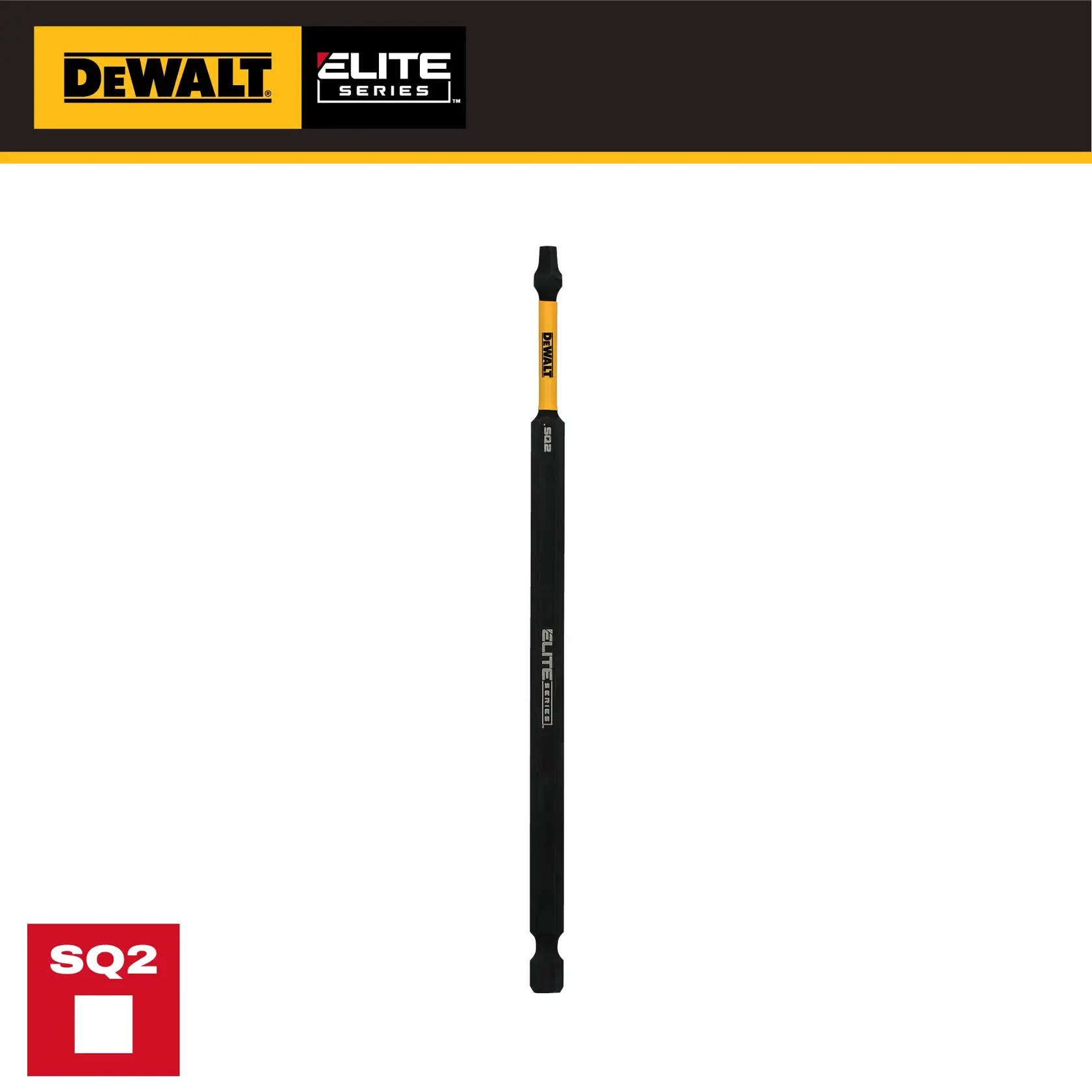 DEWALT Elite Series SQ2 long black screwdriver bit with logos and SQ2 identification on a white background.