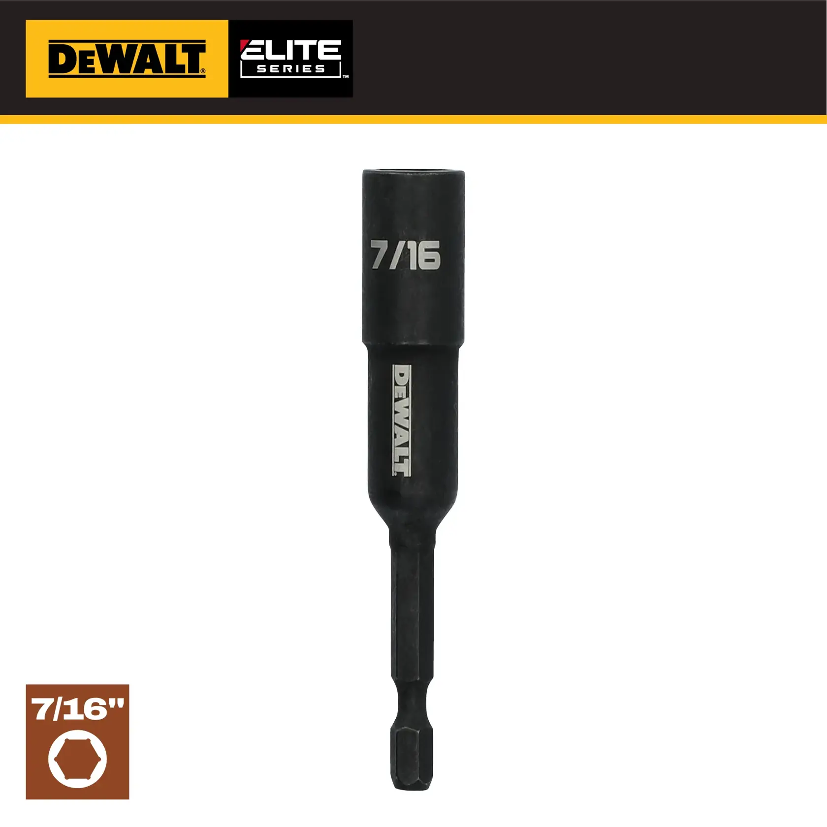 DEWALT Elite Series 7/16 inch nut driver with hex shank shown upright against a white background.