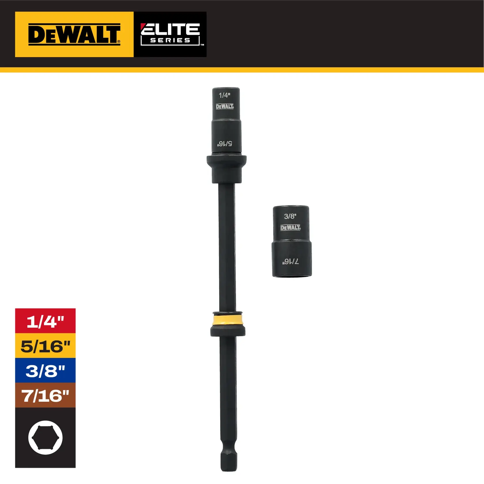 DEWALT Elite Series socket set with removable heads in 1/4, 5/16, 3/8, and 7/16 inch sizes.