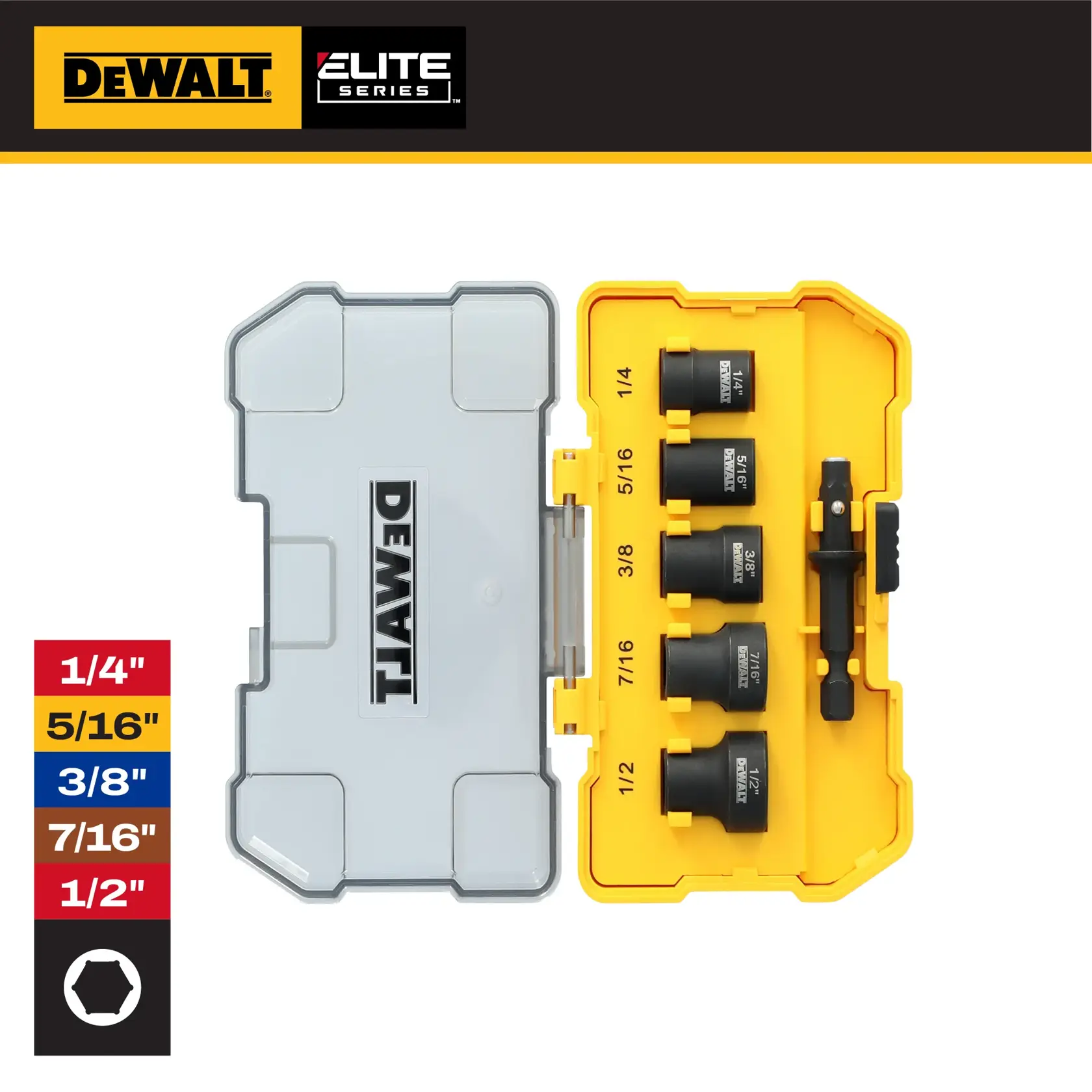 DEWALT Elite Series nut driver set in yellow and gray case, includes five sizes and a driver bit.