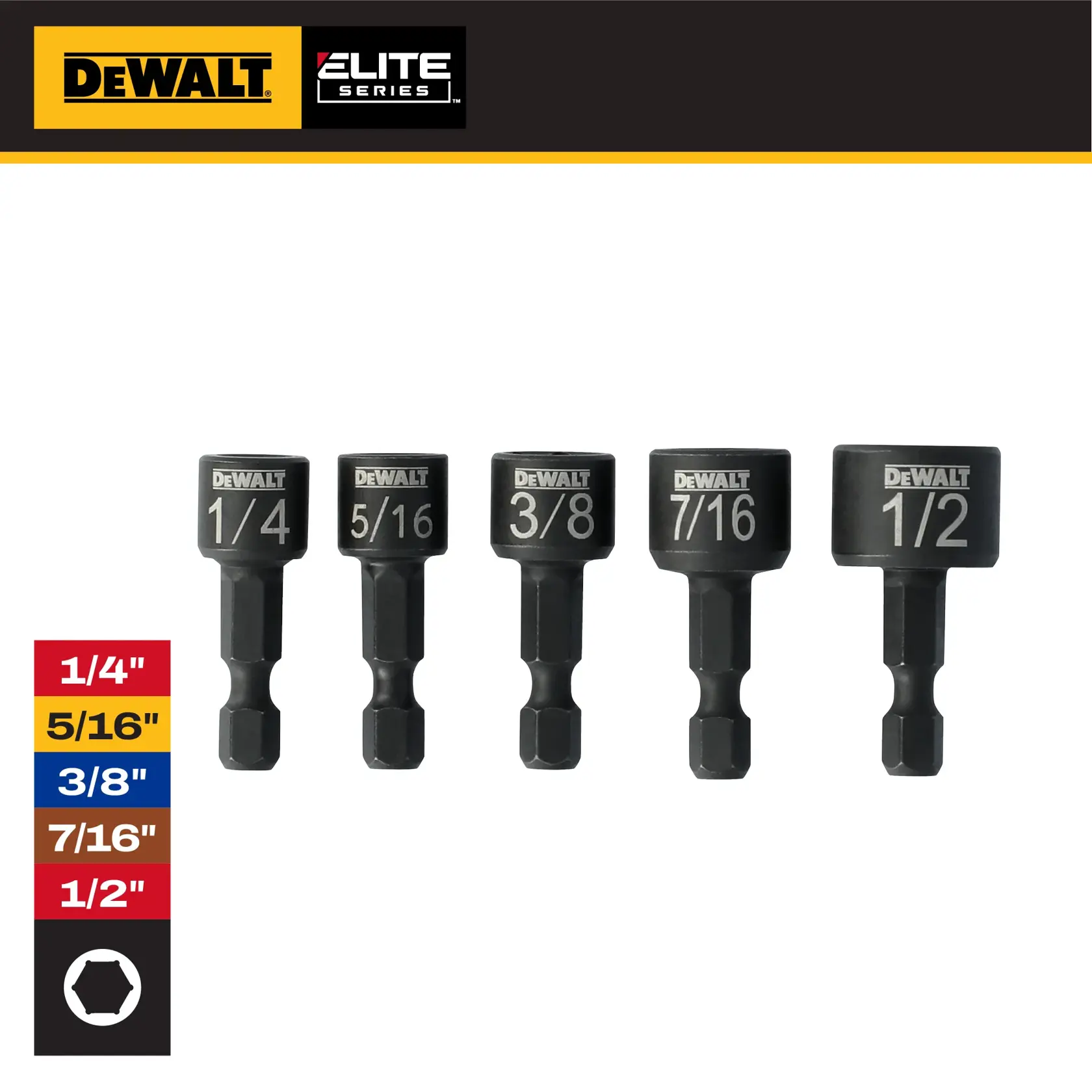 DEWALT Elite Series nut driver set, 5 pieces, sizes 1/4 to 1/2 inch, shown upright with clear markings.