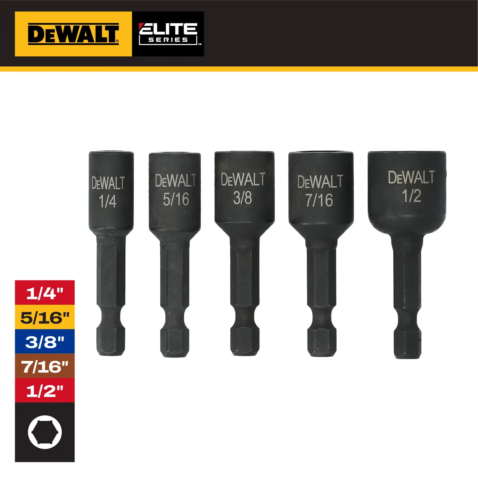 DEWALT Elite Series nut driver set, five sizes from 1/4'' to 1/2'', hex shank, black finish.