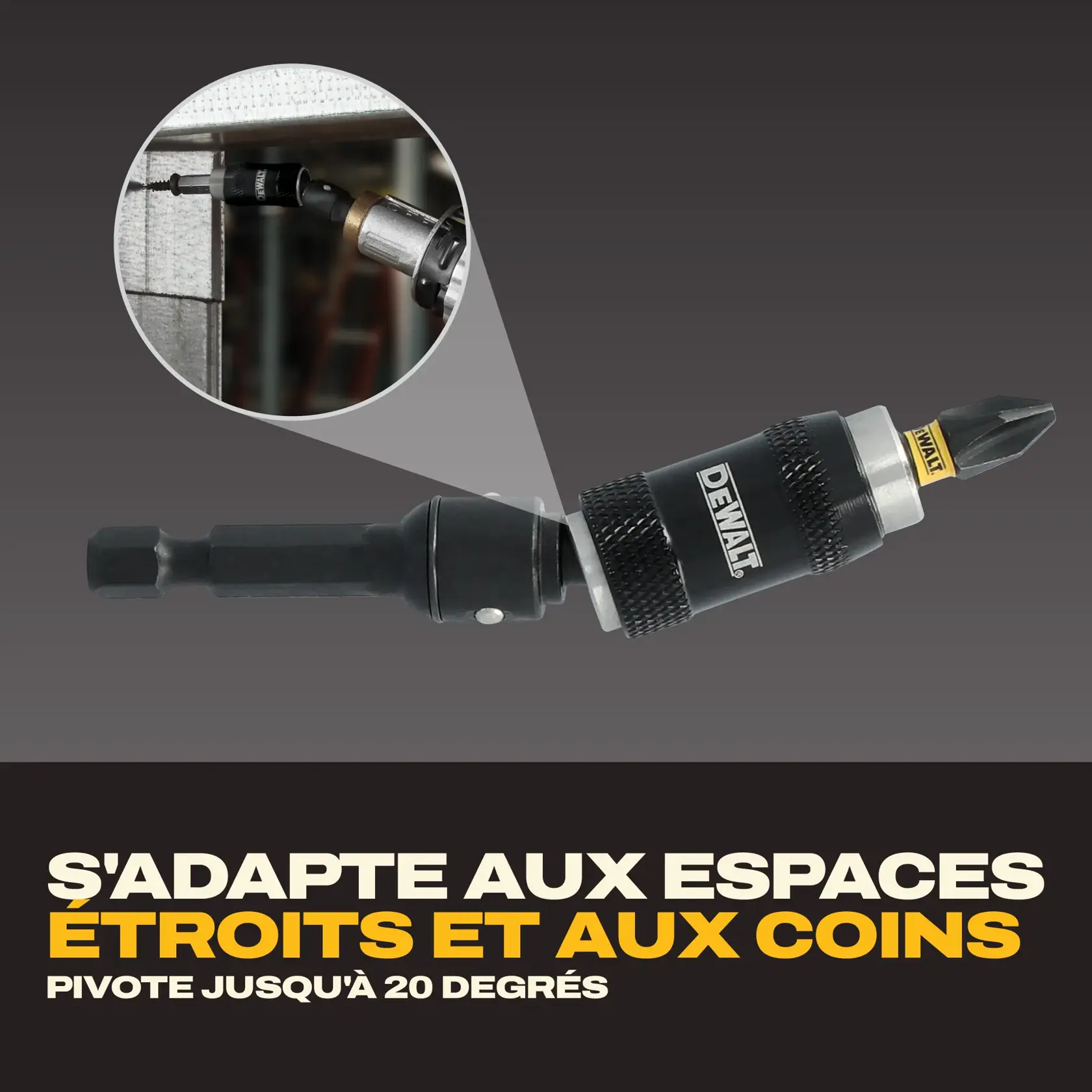 A DEWALT pivoting bit holder for drills is shown, designed to fit into tight spaces and corners. The product is labeled as able to pivot up to 20 degrees, with a demonstration image of the bit holder being used to screw into a corner.