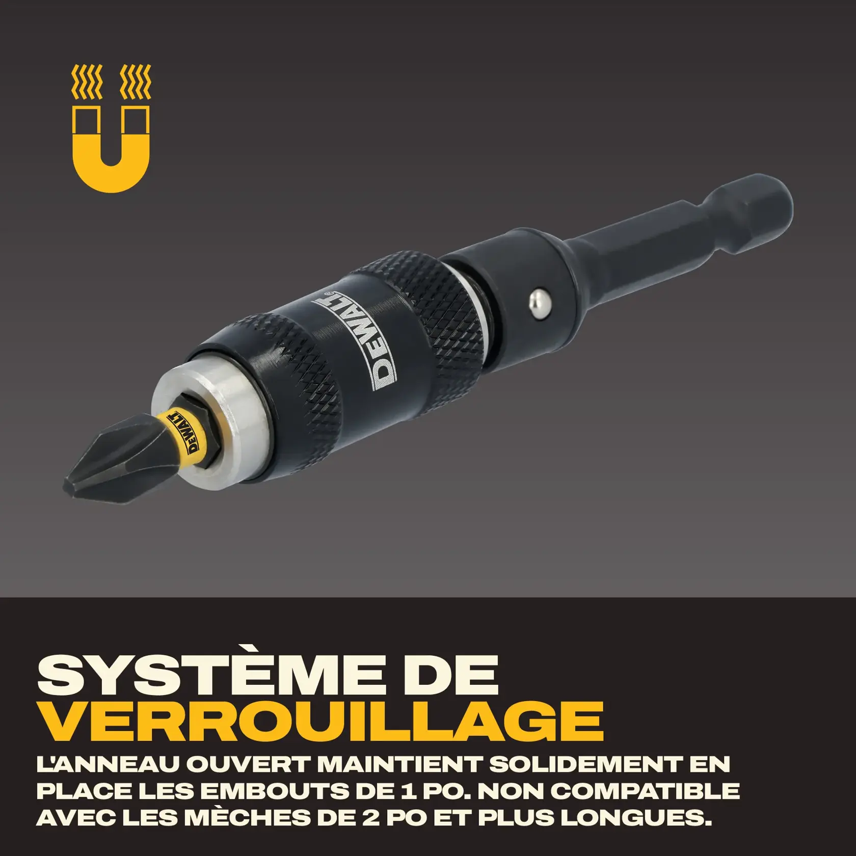 DEWALT locking bit holder with a magnetic design and hog ring that securely holds 1 inch bit tips in place. The text also notes it is not compatible with 2 inch and longer bits. The product is shown against a gradient background with a yellow magnet icon.