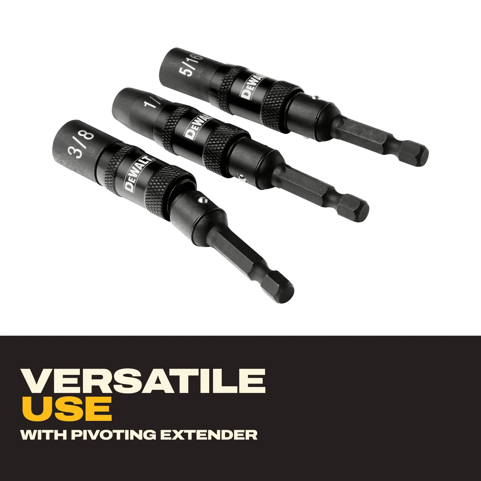 Three DEWALT pivoting extender drill bits in different sizes, for versatile use in various applications.