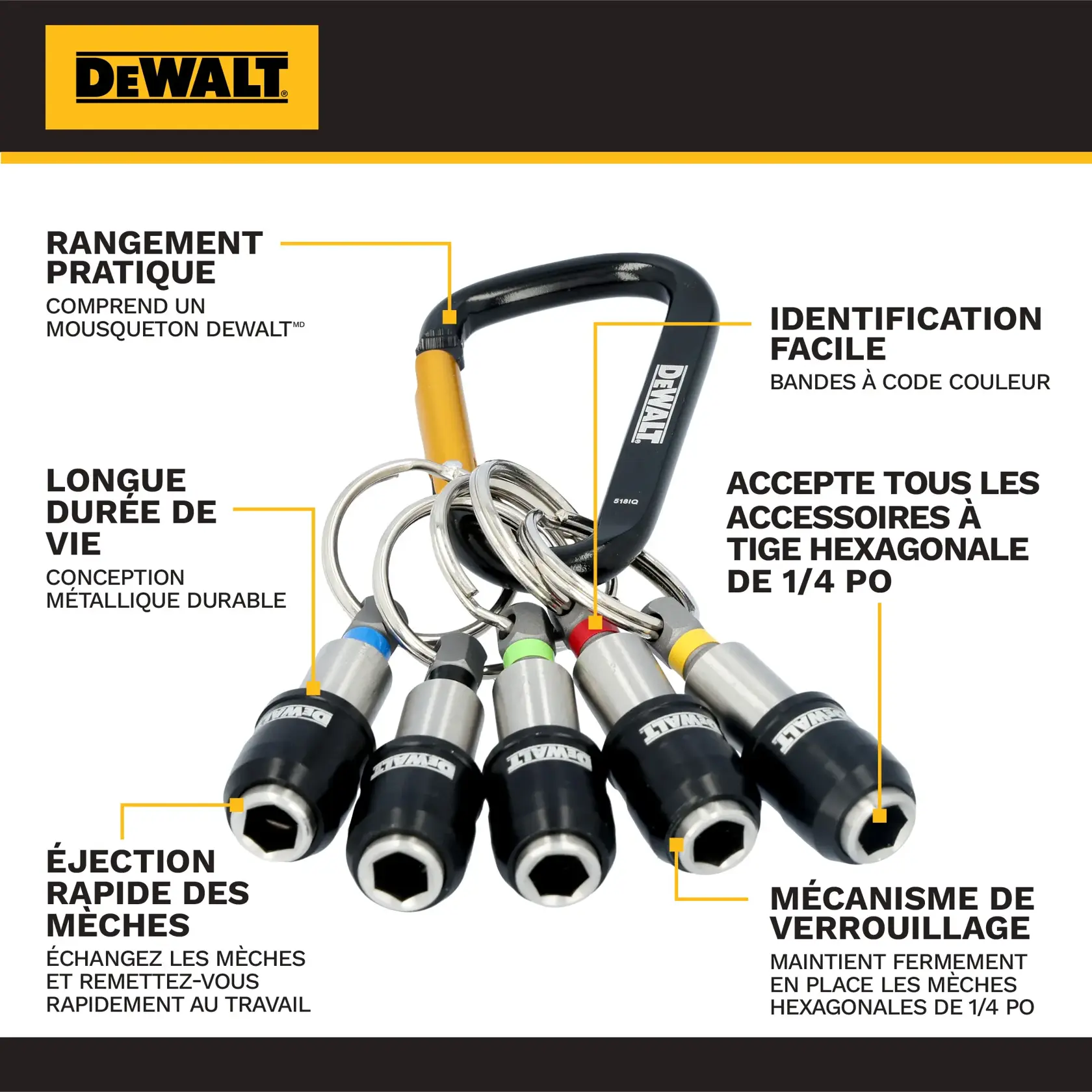 Graphic showing the DEWALT logo in black text on a yellow rectangle, centered on a dark background with yellow horizontal lines at the top and bottom.
