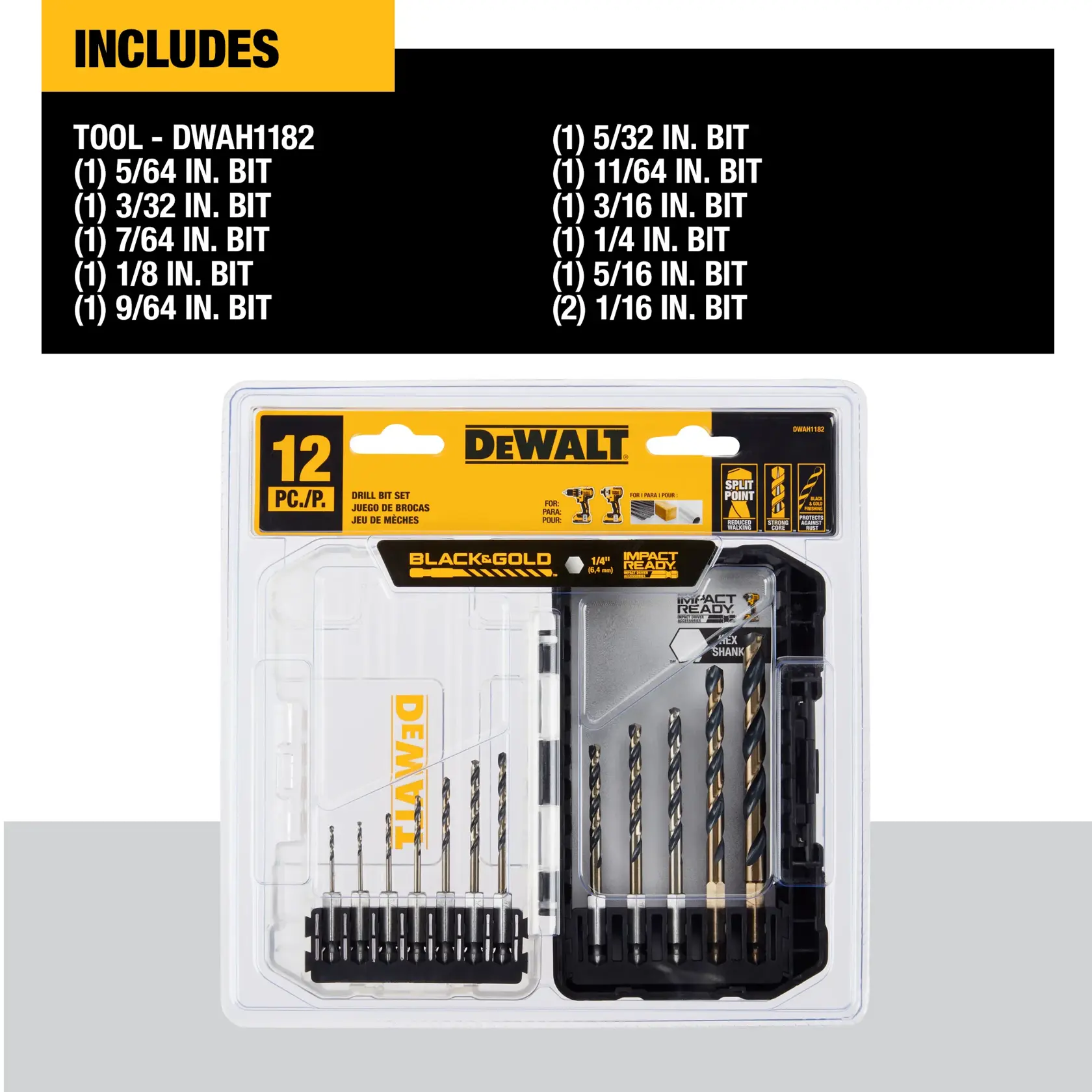 DEWALT 12-piece drill bit set, model DWAH1182, in retail packaging. The set includes various sizes of Black & Gold impact ready drill bits, with measurements listed on the package. Front of packaging displays bits organized in rows and key product features highlighted on top, including split point, impact ready, and 1/4 inch hex shank.