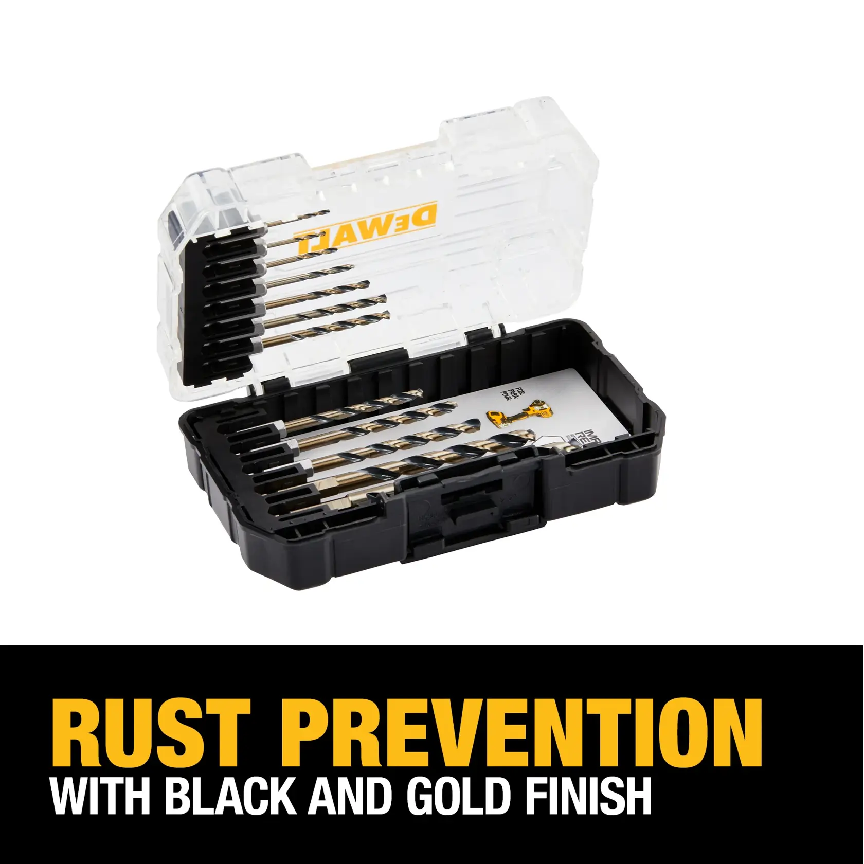 A DEWALT drill bit set in a transparent and black plastic case is shown open. The drill bits feature a black and gold finish for rust prevention. Beneath the case, text reads: 'Rust Prevention with Black and Gold Finish.'