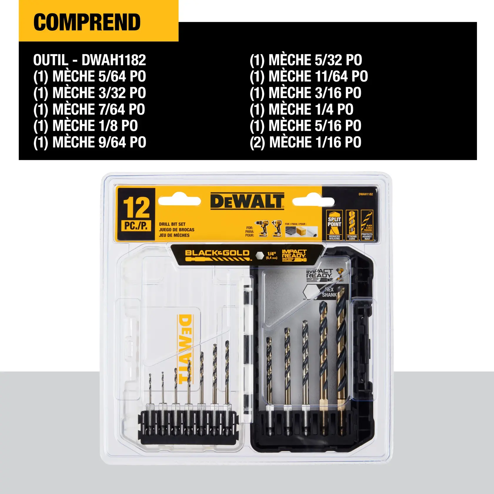 DEWALT 12-piece drill bit set, model DWAH1182, in retail packaging. The set includes various sizes of Black & Gold impact ready drill bits, with measurements listed on the package. Front of packaging displays bits organized in rows and key product features highlighted on top, including split point, impact ready, and 1/4 inch hex shank.