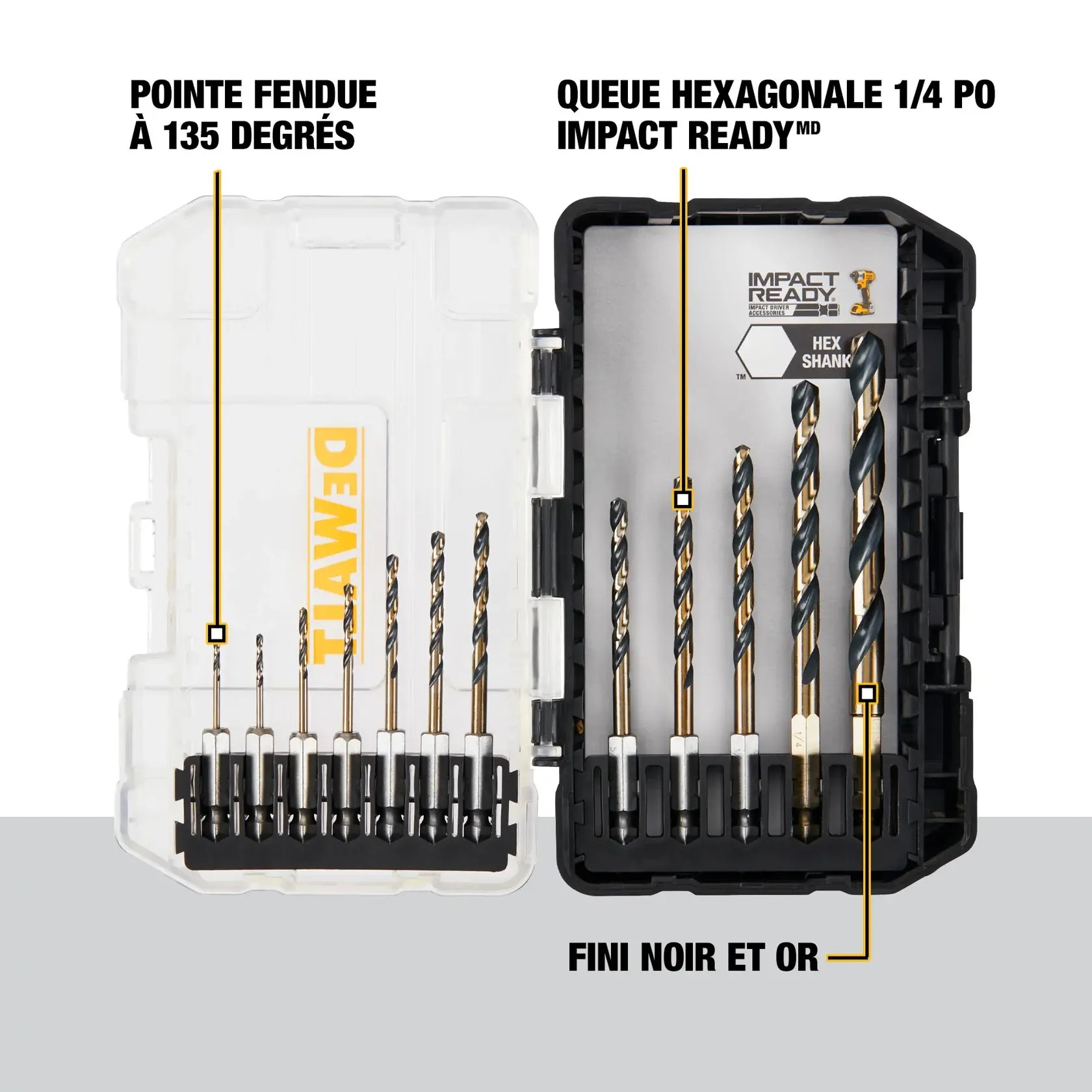 A DEWALT drill bit set shown in an open black and clear plastic case. The set features black and gold finish drill bits with 135-degree split point tips and 1/4 inch hex shanks. Text highlights 'Impact Ready', '135° Split Point Tip', and 'Black and Gold Finish'.