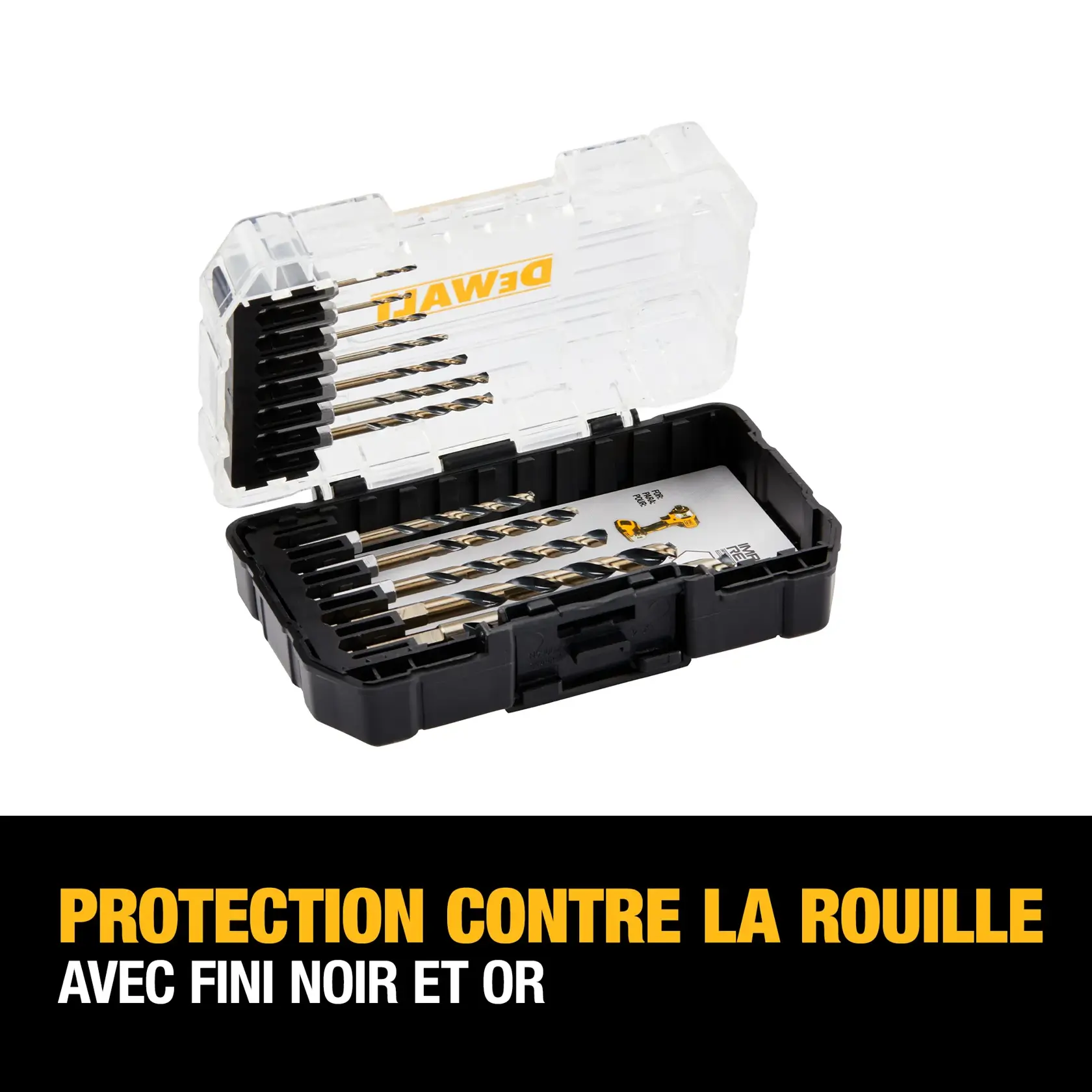 A DEWALT drill bit set in a transparent and black plastic case is shown open. The drill bits feature a black and gold finish for rust prevention. Beneath the case, text reads: 'Rust Prevention with Black and Gold Finish.'