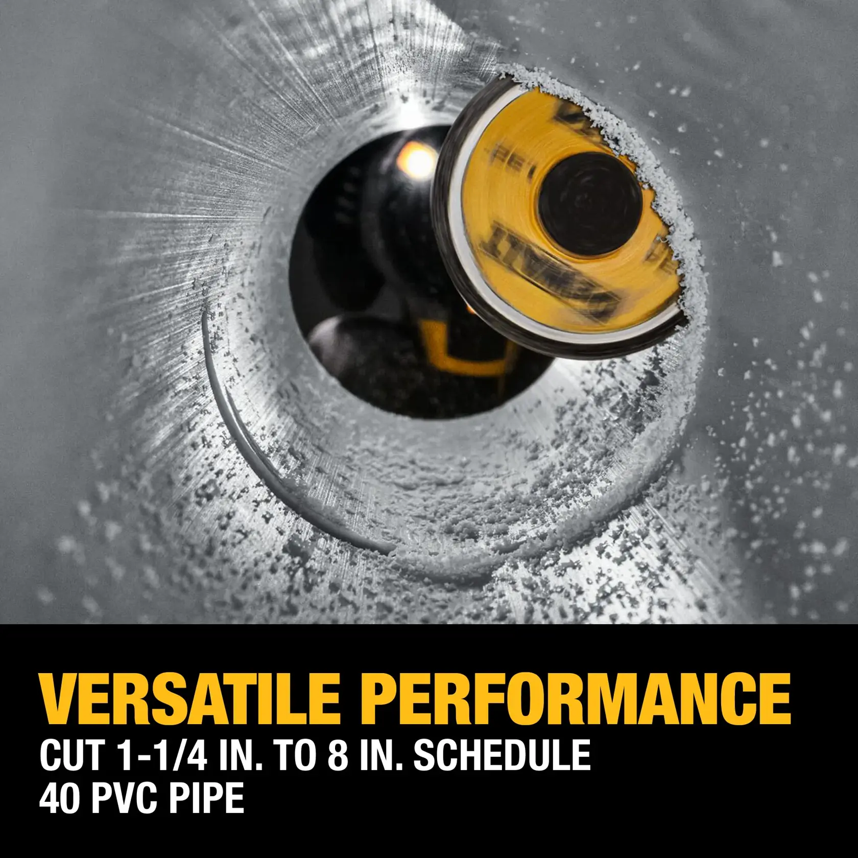Close-up image of a DEWALT cutting tool in action, cutting through a PVC pipe. Text overlay says 'Versatile Performance: Cut 1-1/4 in. to 8 in. Schedule 40 PVC Pipe.'